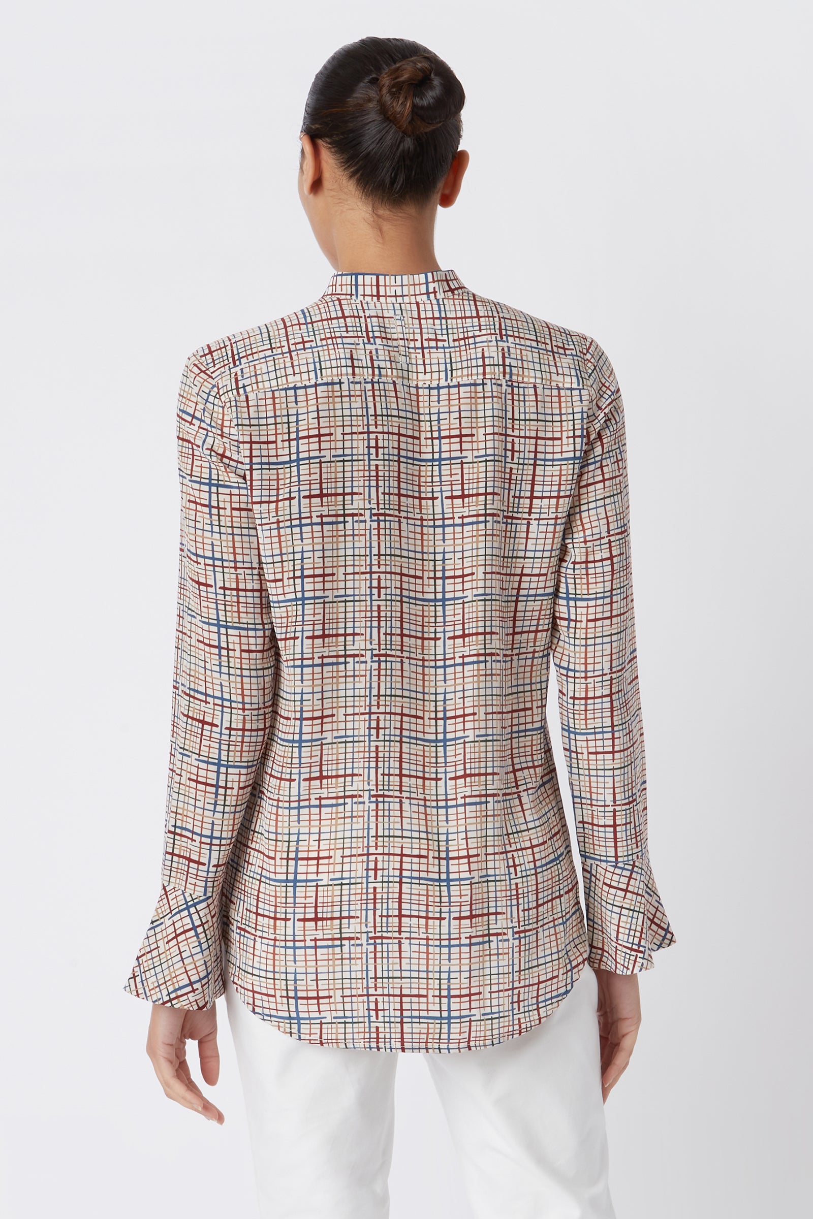Kal Rieman Juliet Band Collar Blouse in Sketch Plaid on Model Cropped Front View