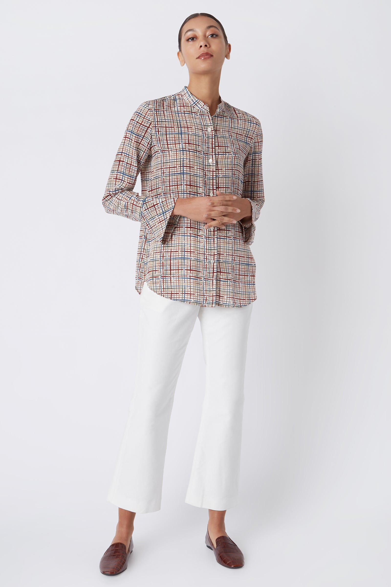 Kal Rieman Juliet Band Collar Blouse in Sketch Plaid on Model Looking Upwards Full Front View