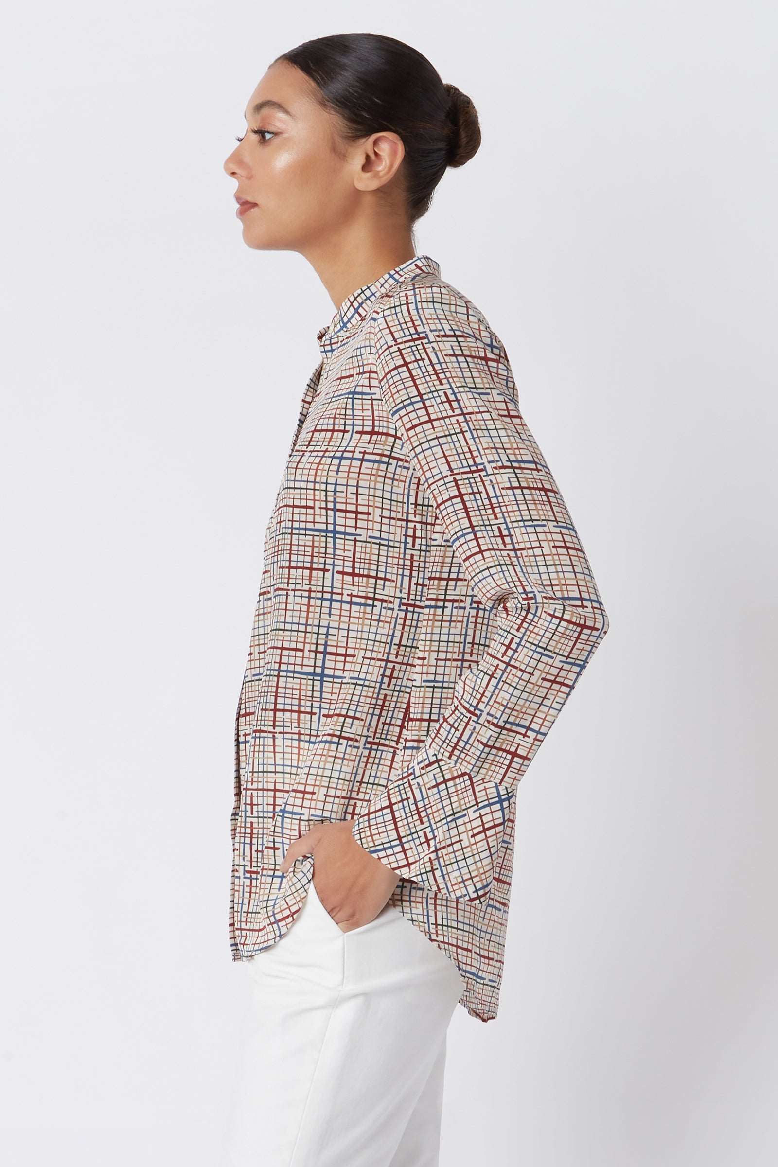 Kal Rieman Juliet Band Collar Blouse in Sketch Plaid on Model Cropped Side View