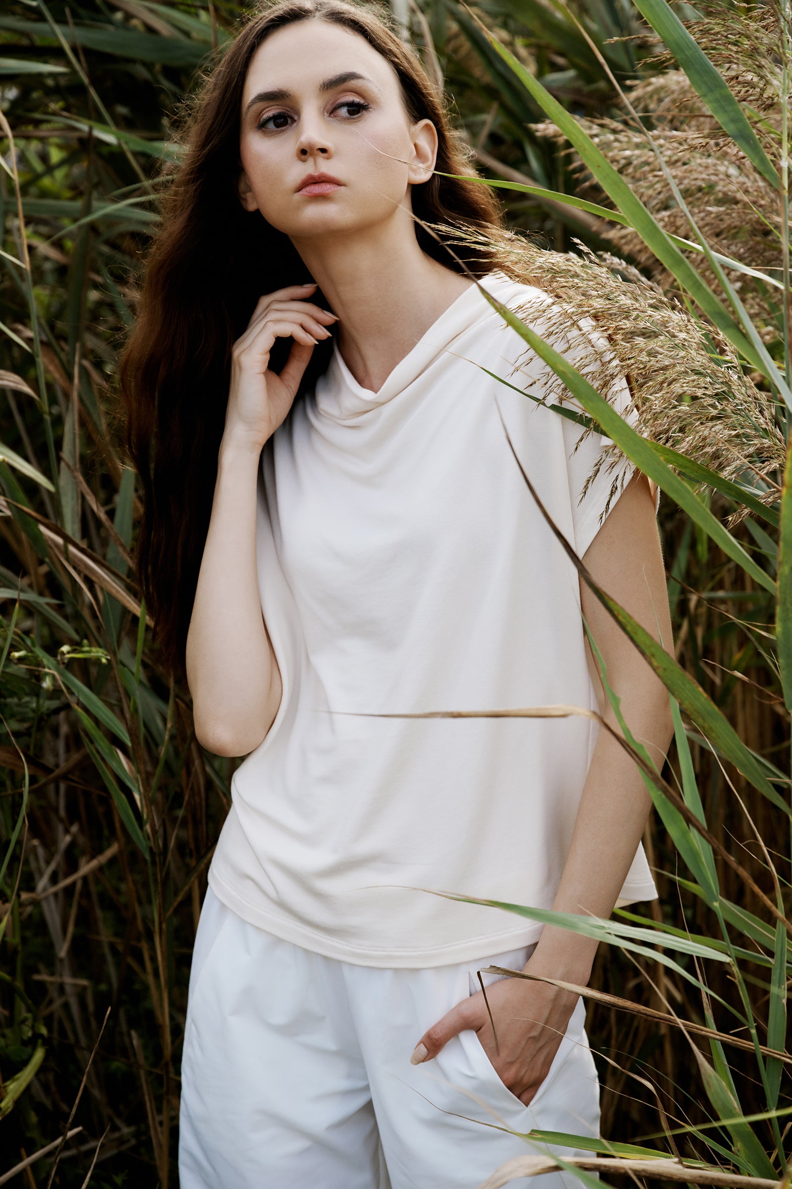 Kal Rieman Luca Cowl Top in Ivory on model lookbook image