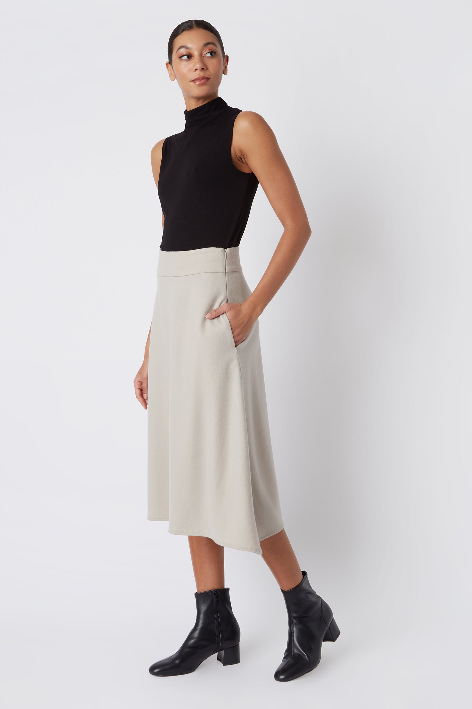 Kal Rieman Martina Felted Jersey Kick Skirt in Mink on Model with Hand in Pocket Full Side View