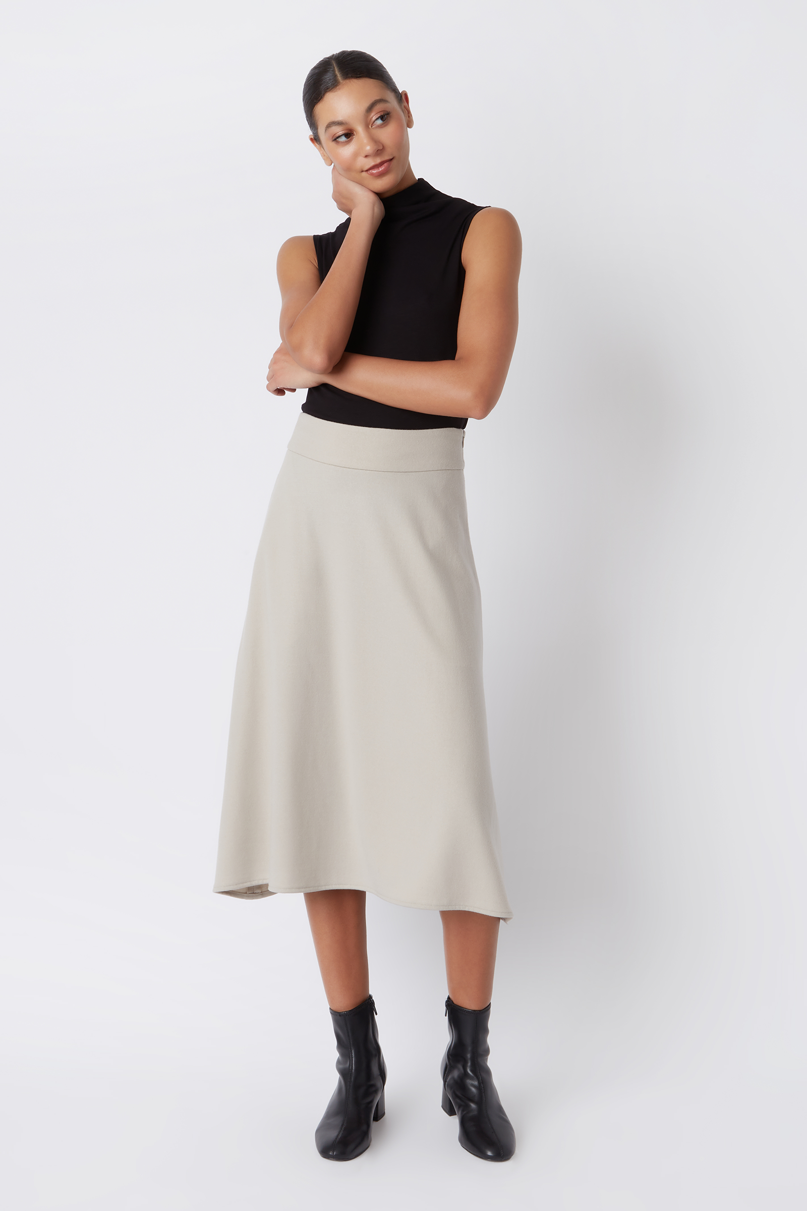 Kal Rieman Martina Felted Jersey Kick Skirt in Mink on Model Main Full Front View