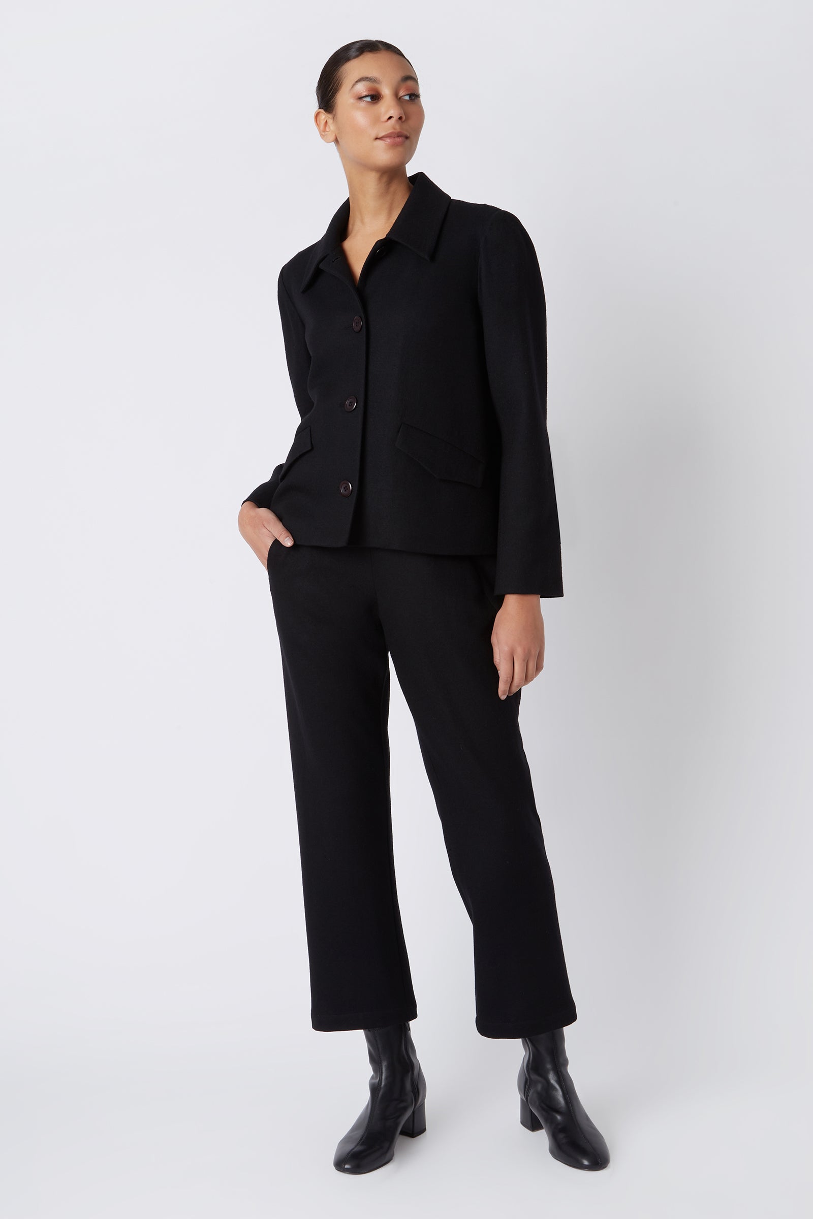 Kal Rieman Sylvie FJ Swing Jacket in Black Felted Jersey on Model Looking Left Full Front View