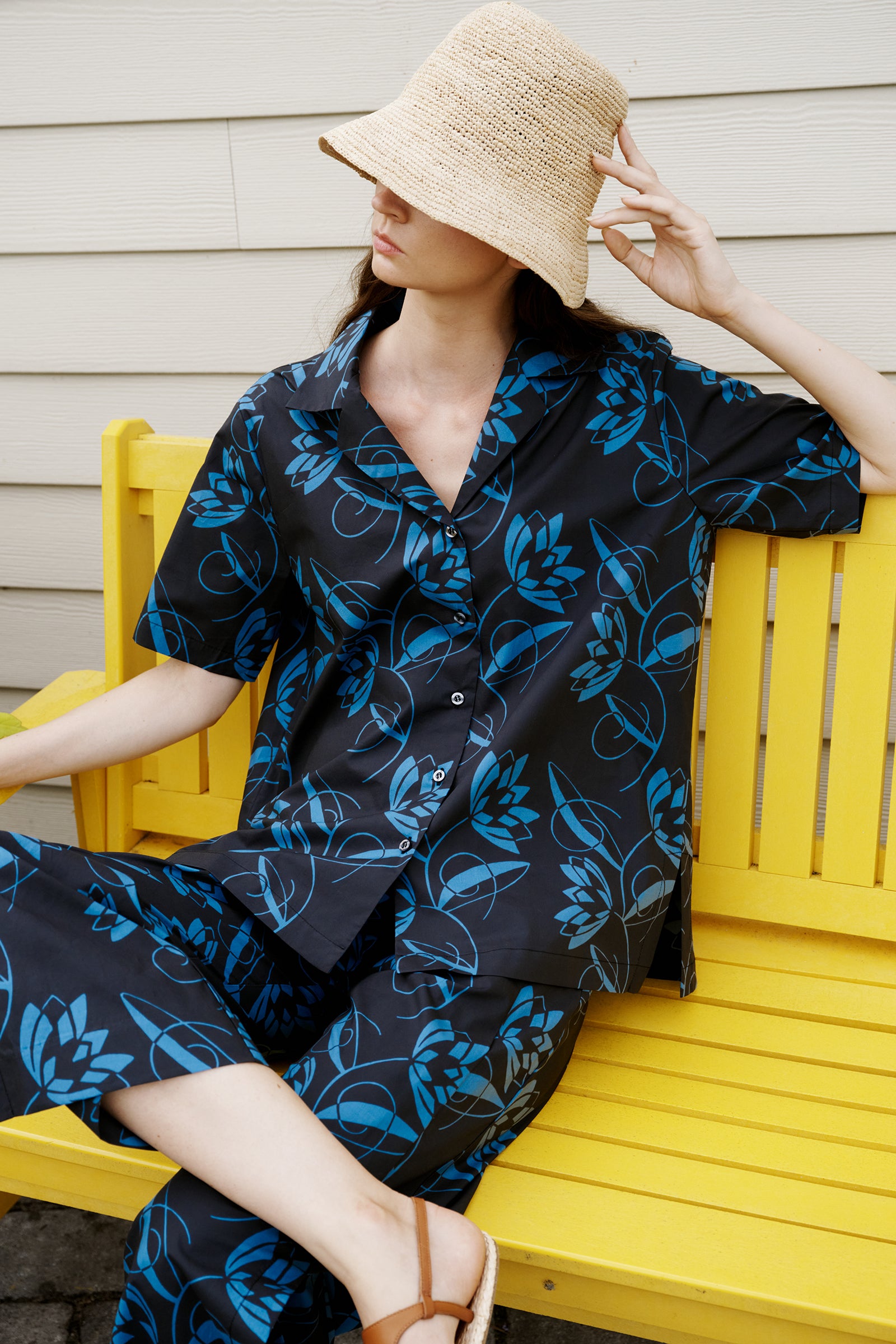 Kal Rieman Vacation Shirt in Lotus Print Blue on model lookbook image