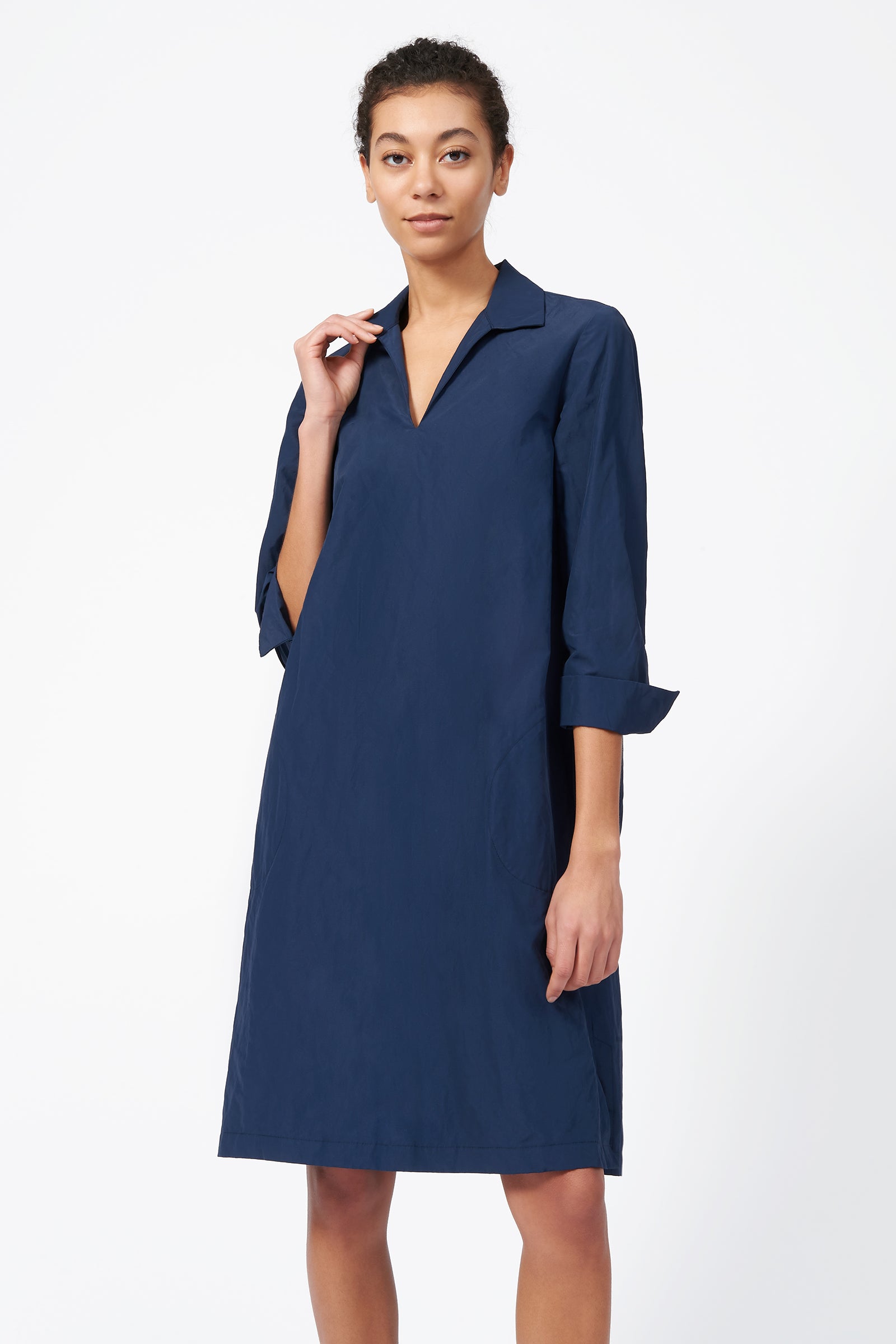 Kal Rieman Cecil Collared V-Neck Dress in Summer Navy on model touching collar front view