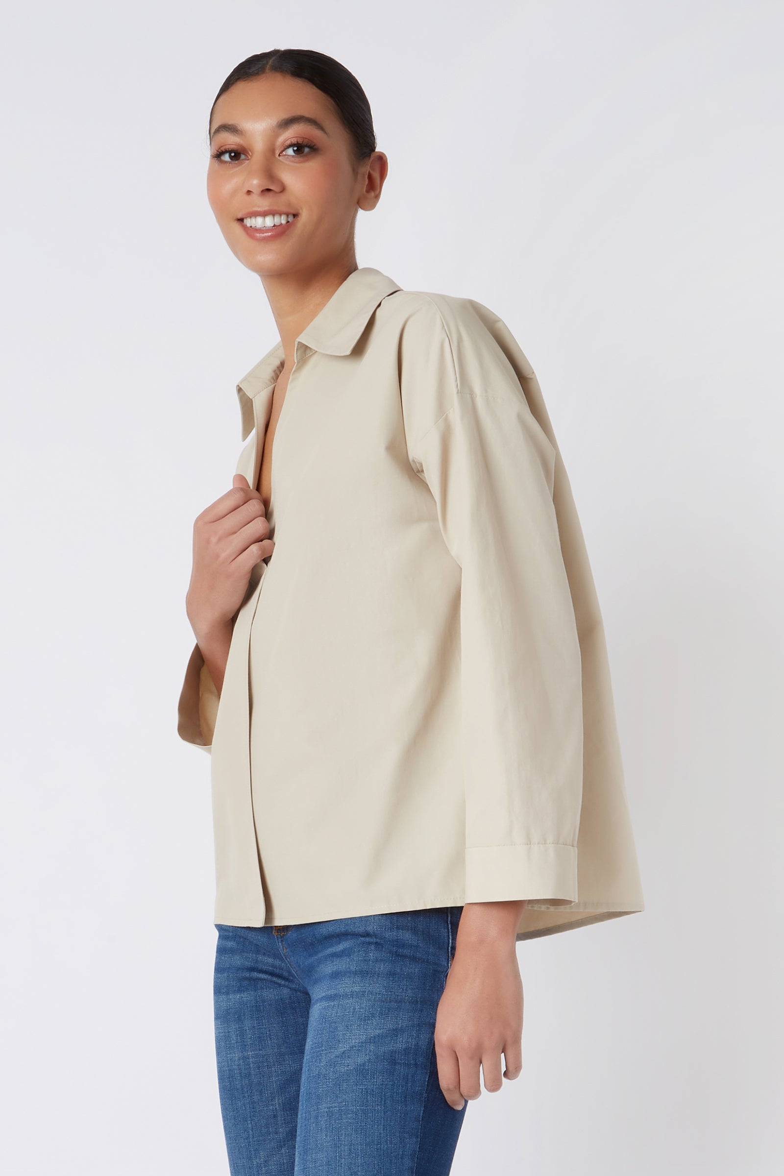 Kal Rieman Emma Collared Kimono Top in Khaki on Model Cropped Front Side View