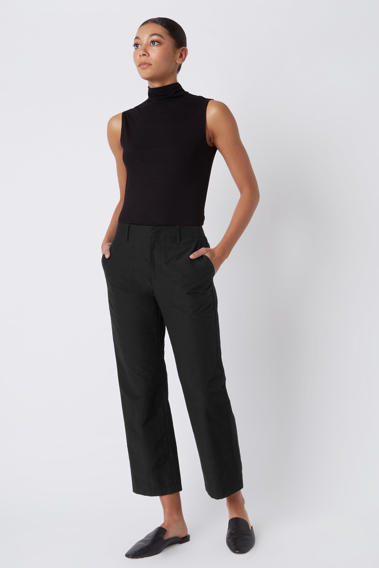 Kal Rieman Brit Crop Pant in Black on Model Gazing Out Full Front View