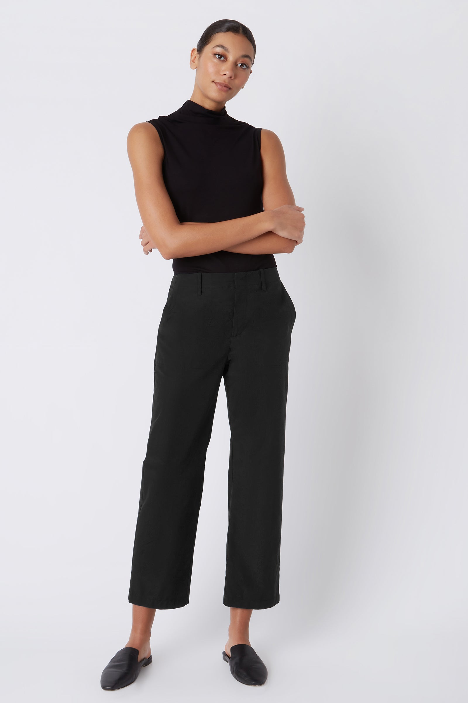 Kal Rieman Brit Crop Pant in Black on Model with Arms Crossed Full Front View