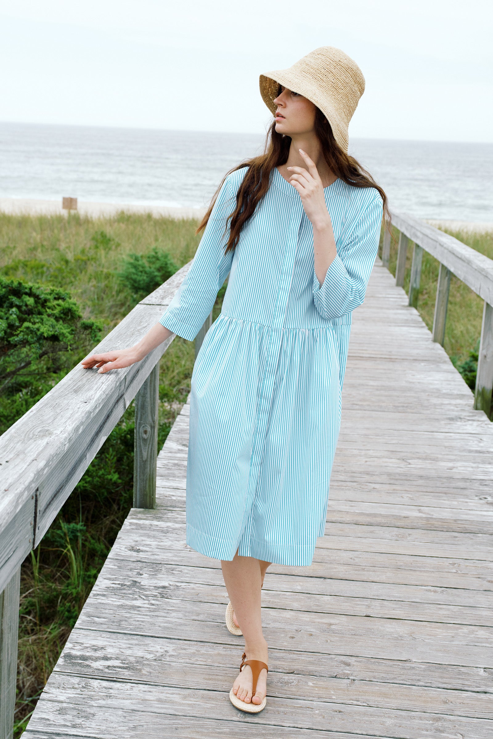 Kal Rieman Abby Shirt Dress in Miami Stripe Green on model lookbook image
