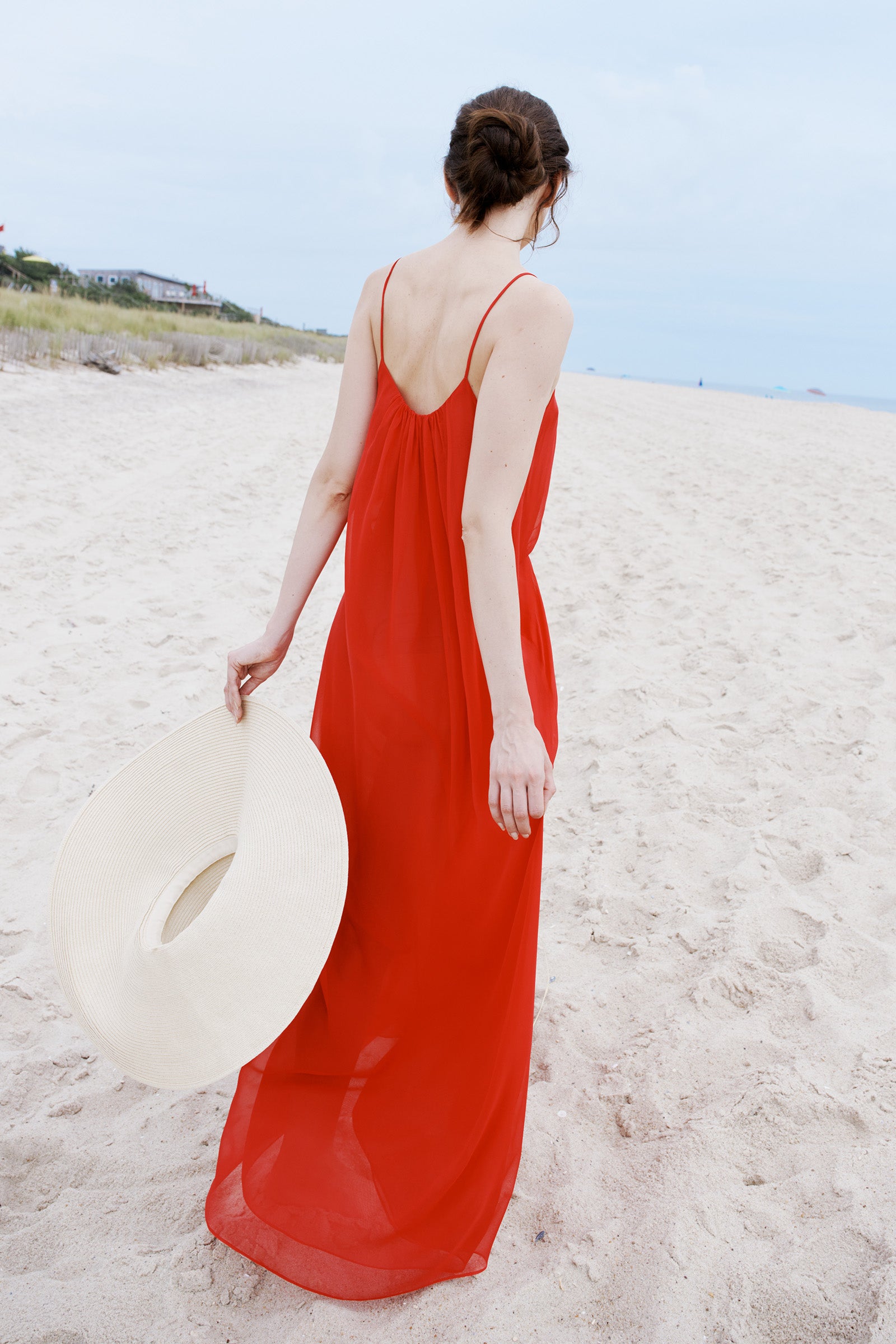 Kal Rieman Cora Shirred Maxi Dress in Red on model lookbook image on beach