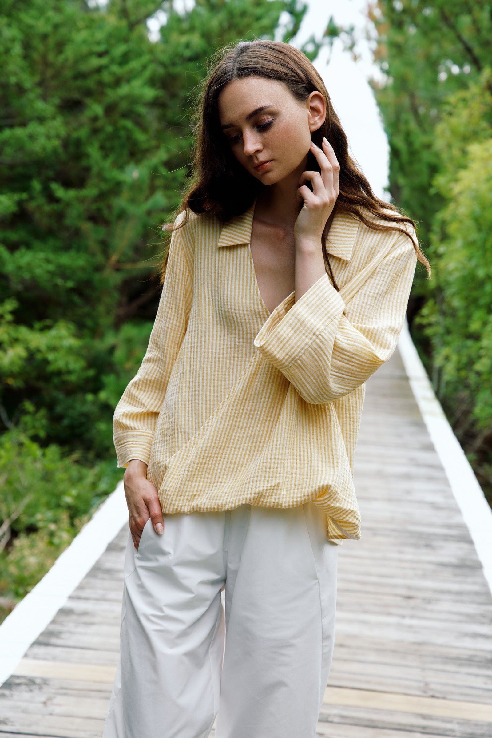 Kal Rieman Tropez Pullover in Honey Stripe on model lookbook image new
