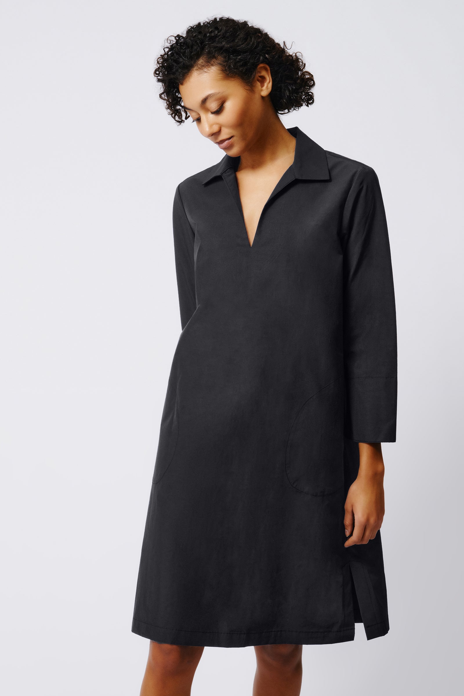 Kal Rieman Collared V Neck Dress in Black Broadcloth on Model Front View Crop 2