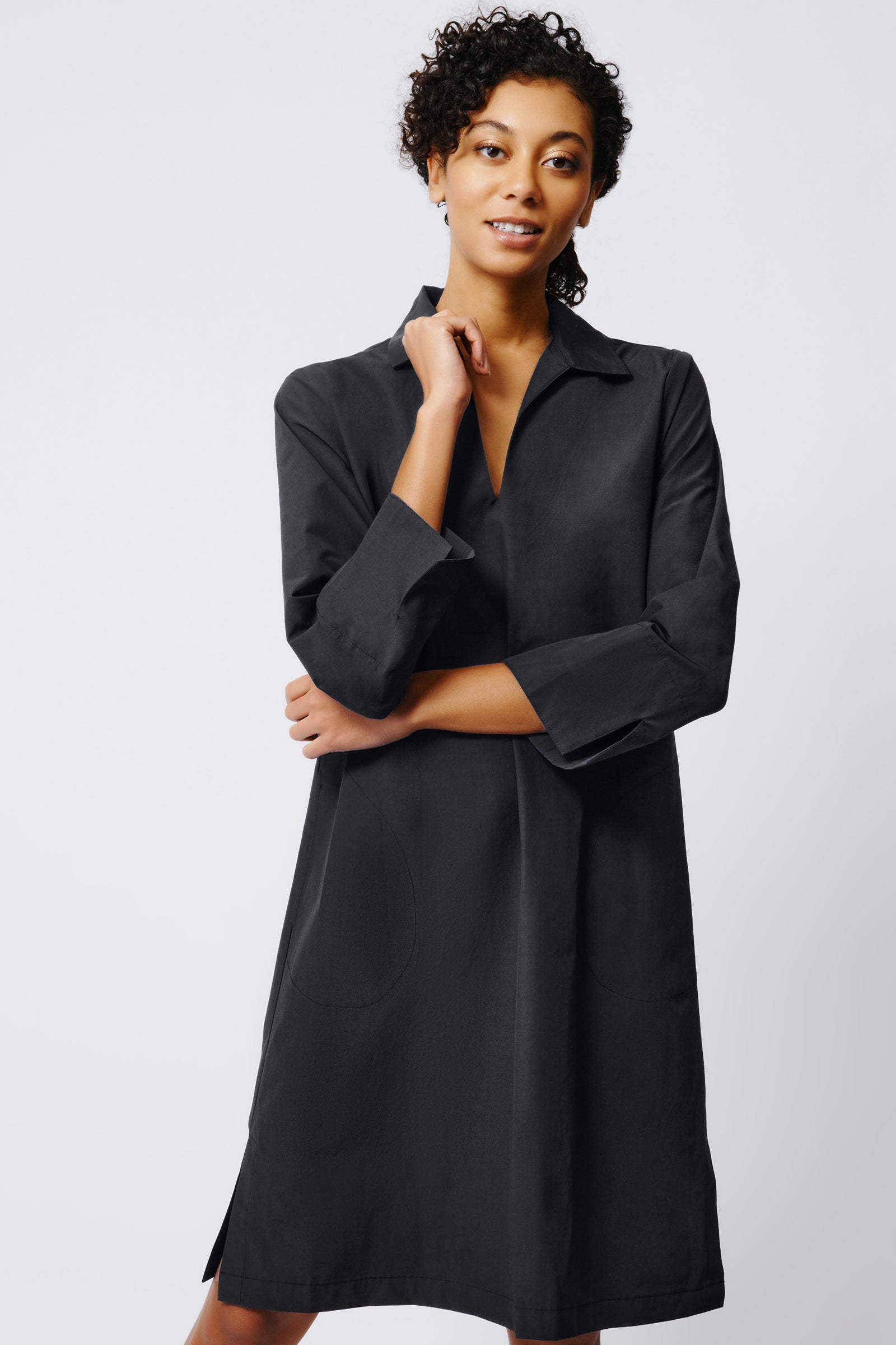 Kal Rieman Collared V Neck Dress in Black Broadcloth on Model Front View Crop 3