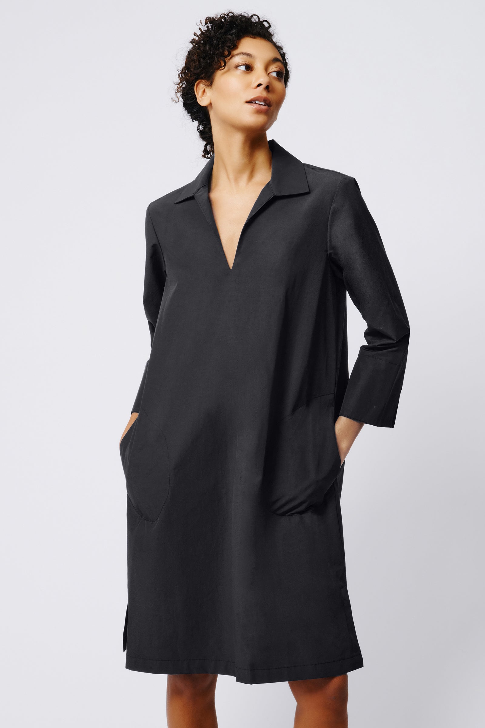 Kal Rieman Collared V Neck Dress in Black Broadcloth on Model Front View Crop 4