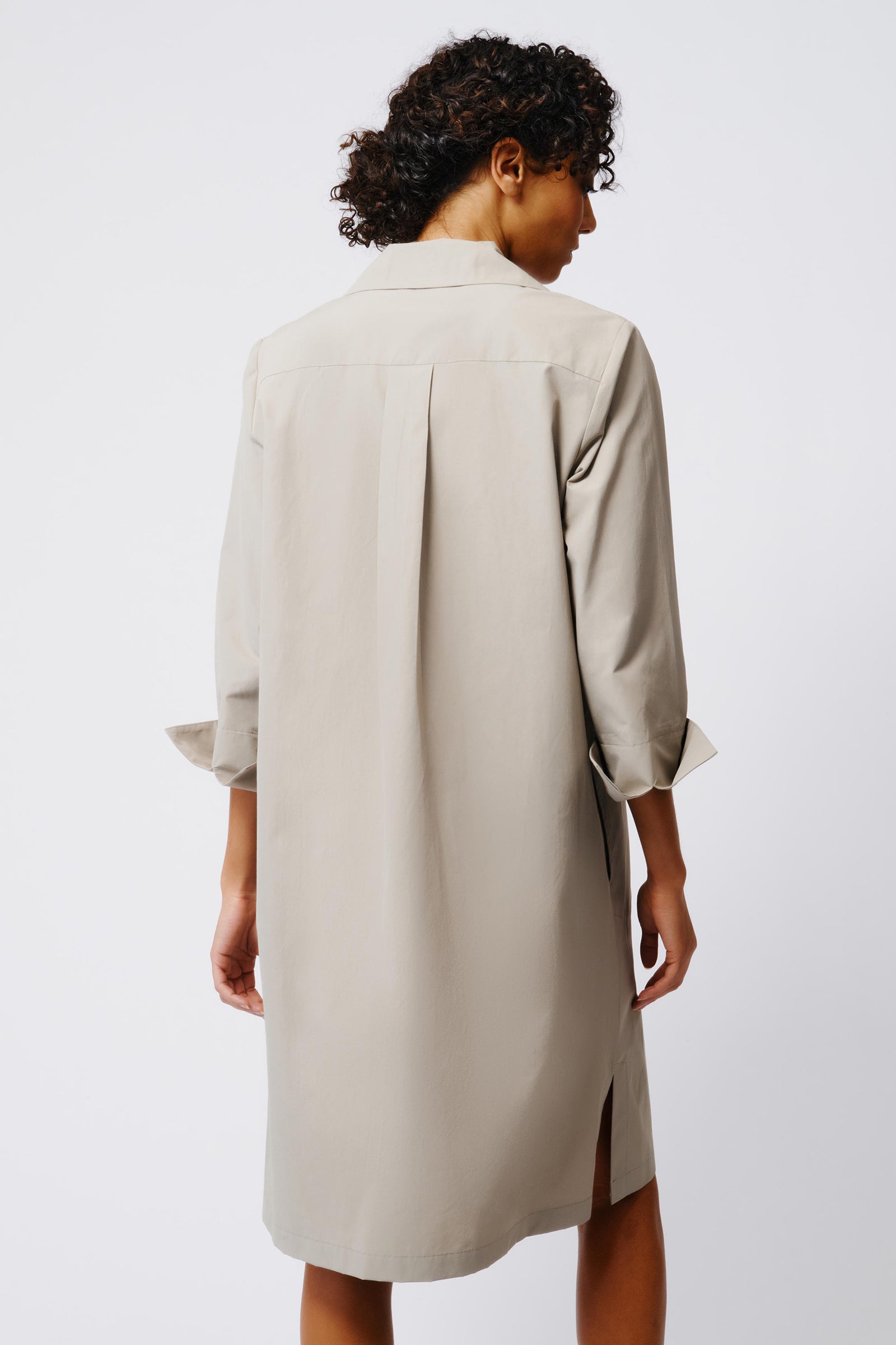 Kal Rieman Collared V Neck Dress in Military Khaki on Model Back View Crop