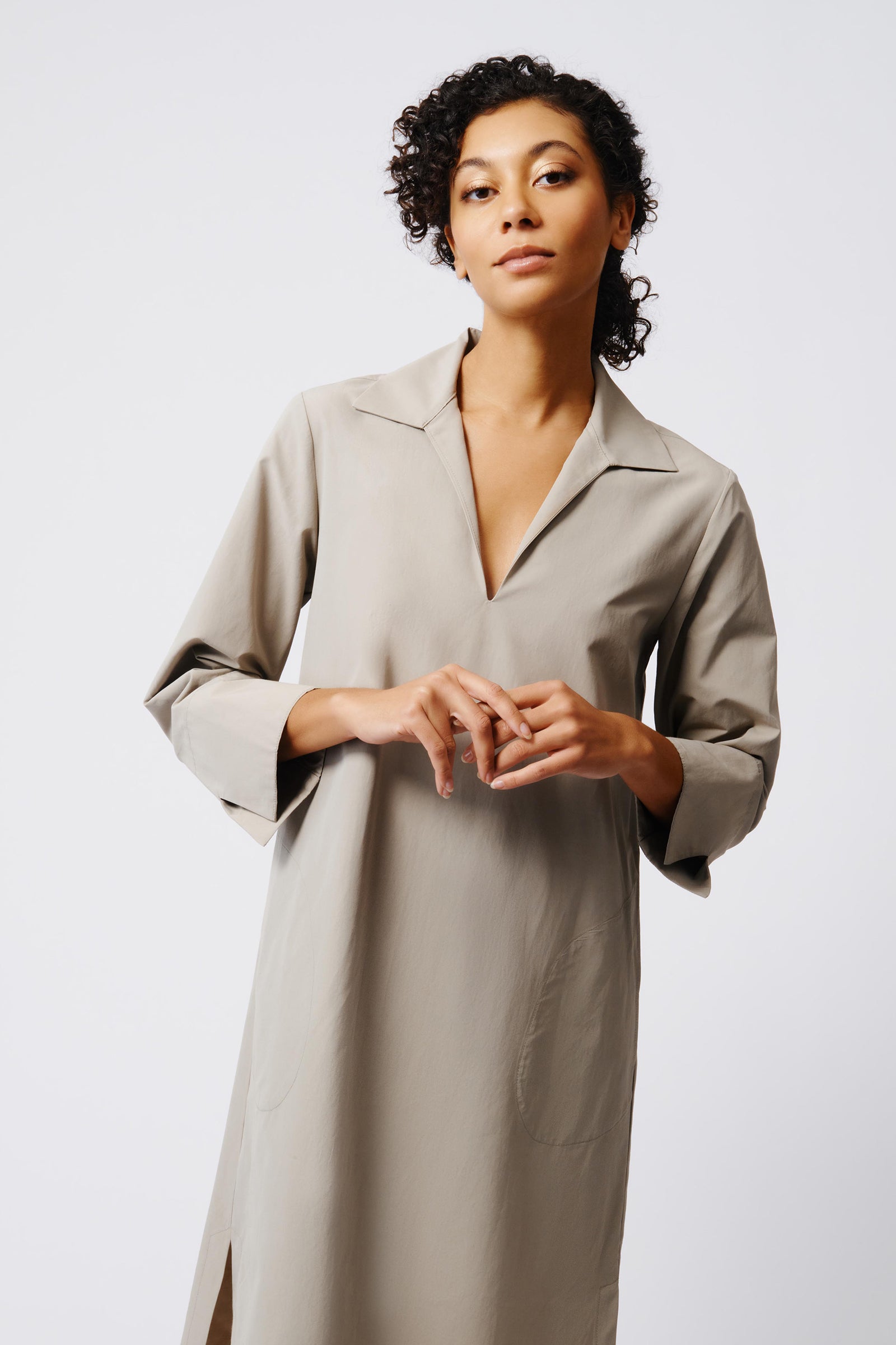 Collared V Neck Dress in Military Khaki Made From Italian Broadcloth ...
