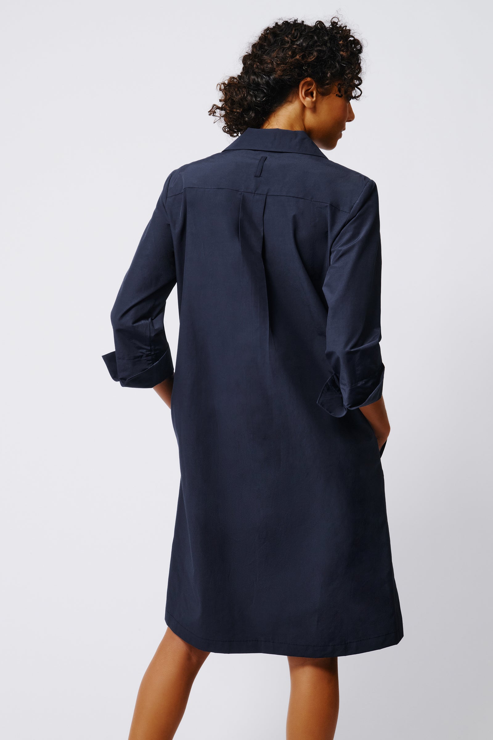 Kal Rieman Collared V Neck Dress in Navy Broadcloth on Model Back View Crop