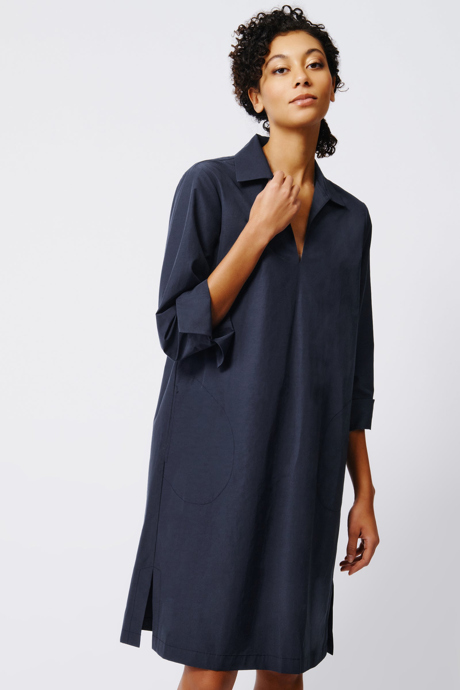 Kal Rieman Collared V Neck Dress in Navy Broadcloth on Model Front View Crop