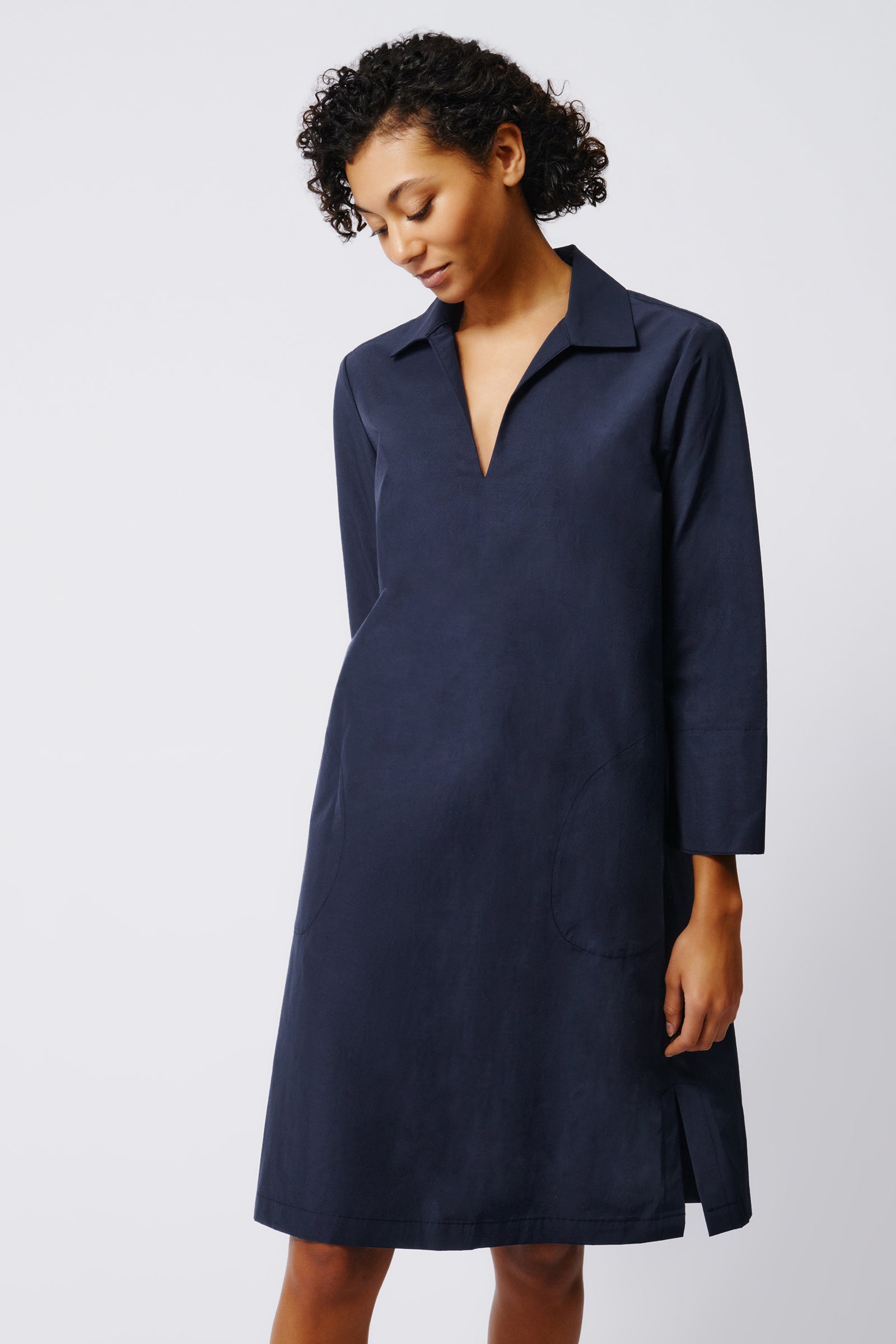 Kal Rieman Collared V Neck Dress in Navy Broadcloth on Model Front View Crop 2