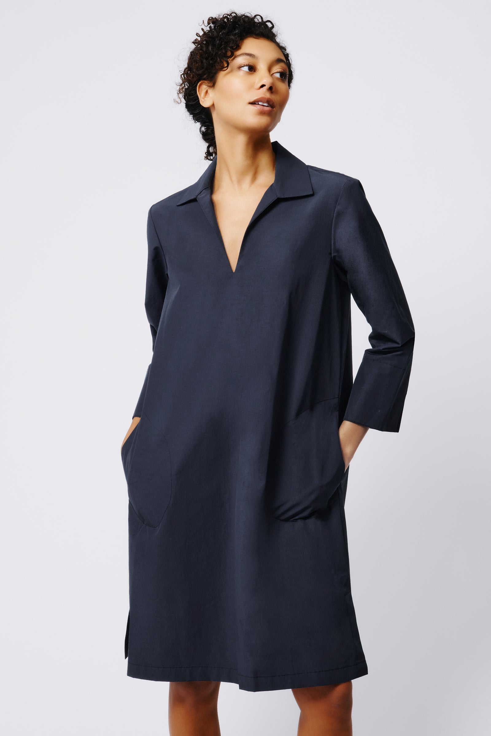 Kal Rieman Collared V Neck Dress in Navy Broadcloth on Model Front View Crop 4