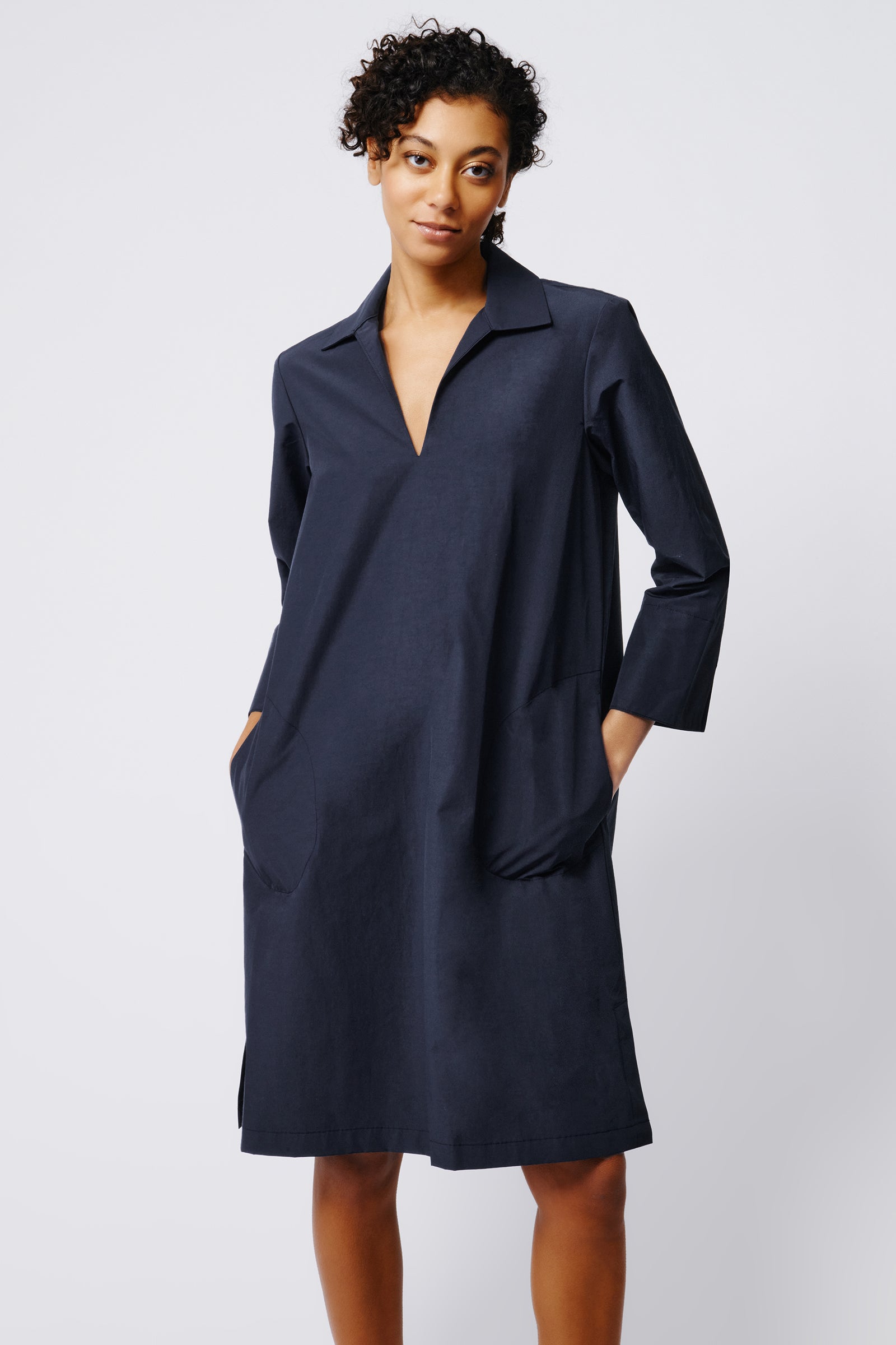 Kal Rieman Collared V Neck Dress in Navy Broadcloth on Model Front View Crop 5