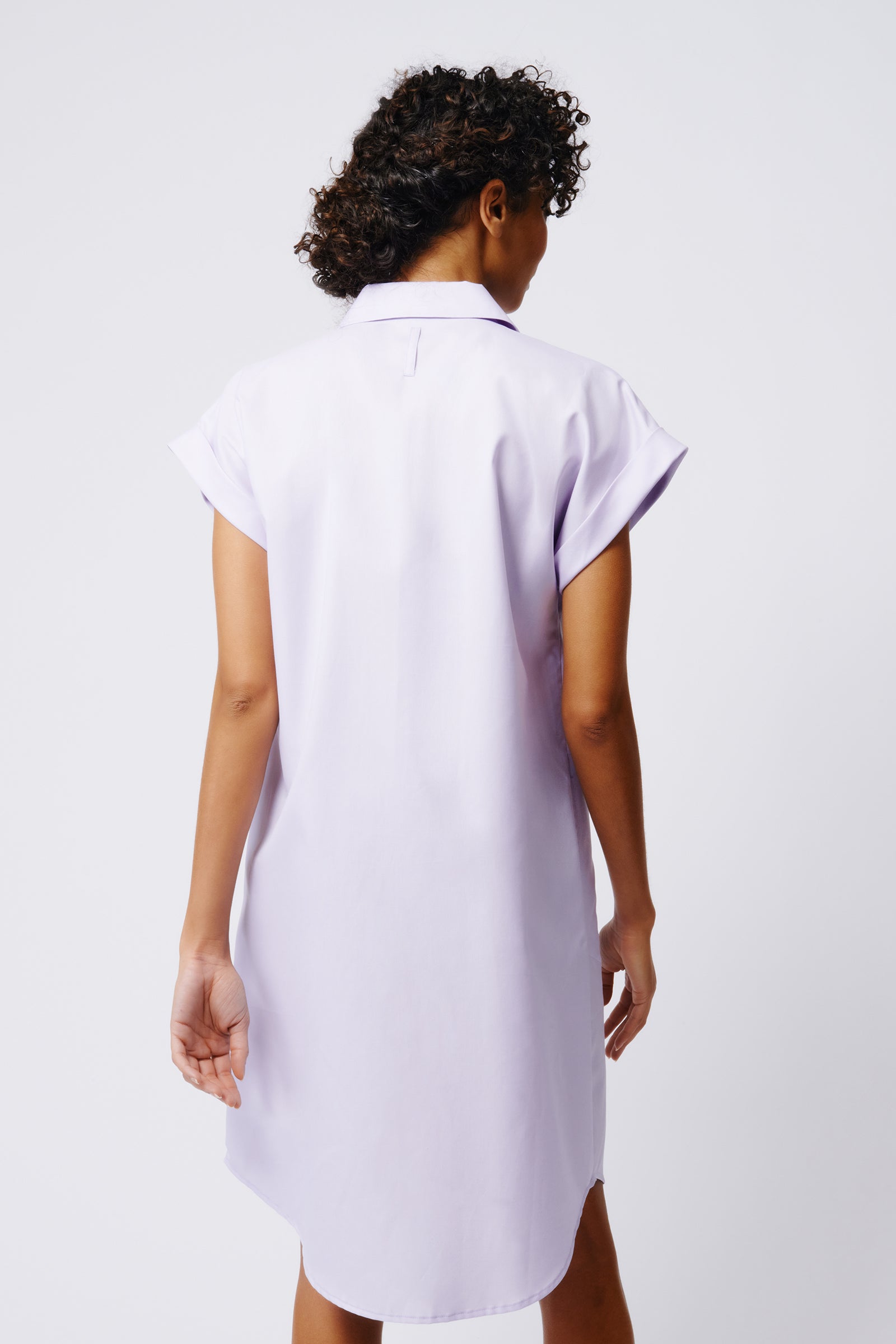 Kal Rieman Hedy Cuffed Cap Sleeve Shirt Dress in Lavender Pinpoint Oxford on Model Back View Crop