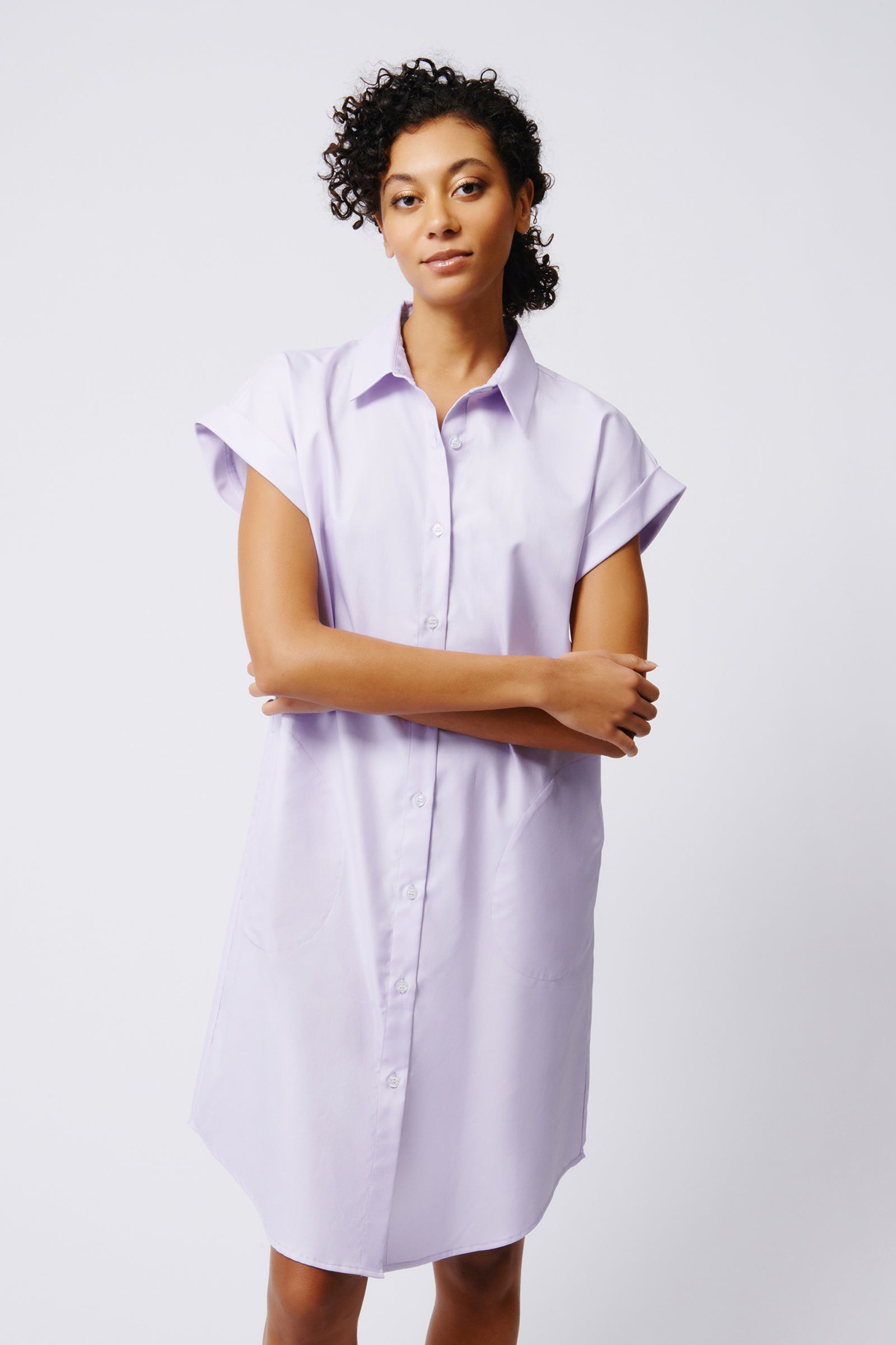 Kal Rieman Hedy Cuffed Cap Sleeve Shirt Dress in Lavender Pinpoint Oxford on Model Front View Crop 3