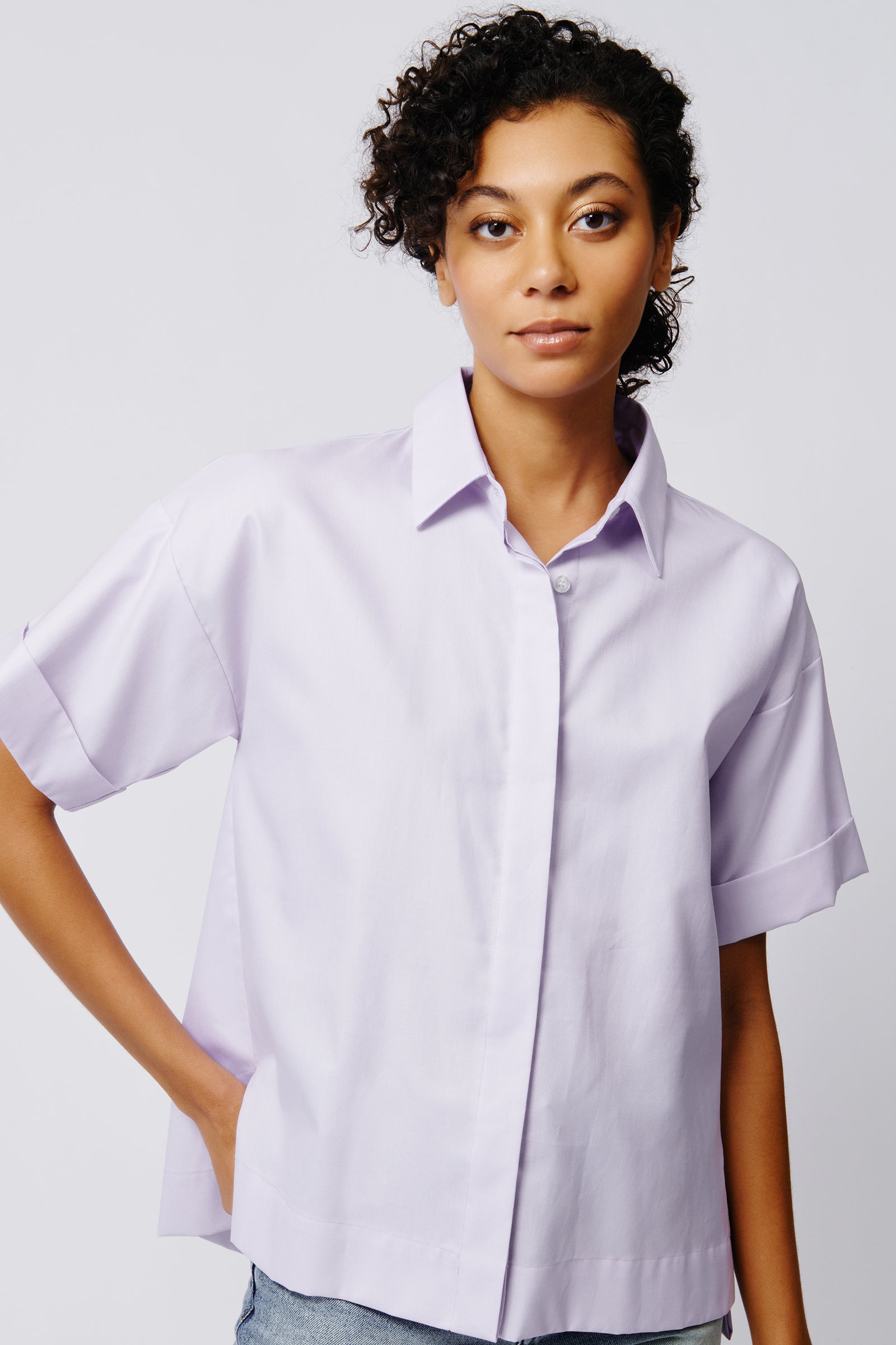 Kal Rieman Billie Cuffed Short Sleeve Shirt in Lavender on Model Front View Crop