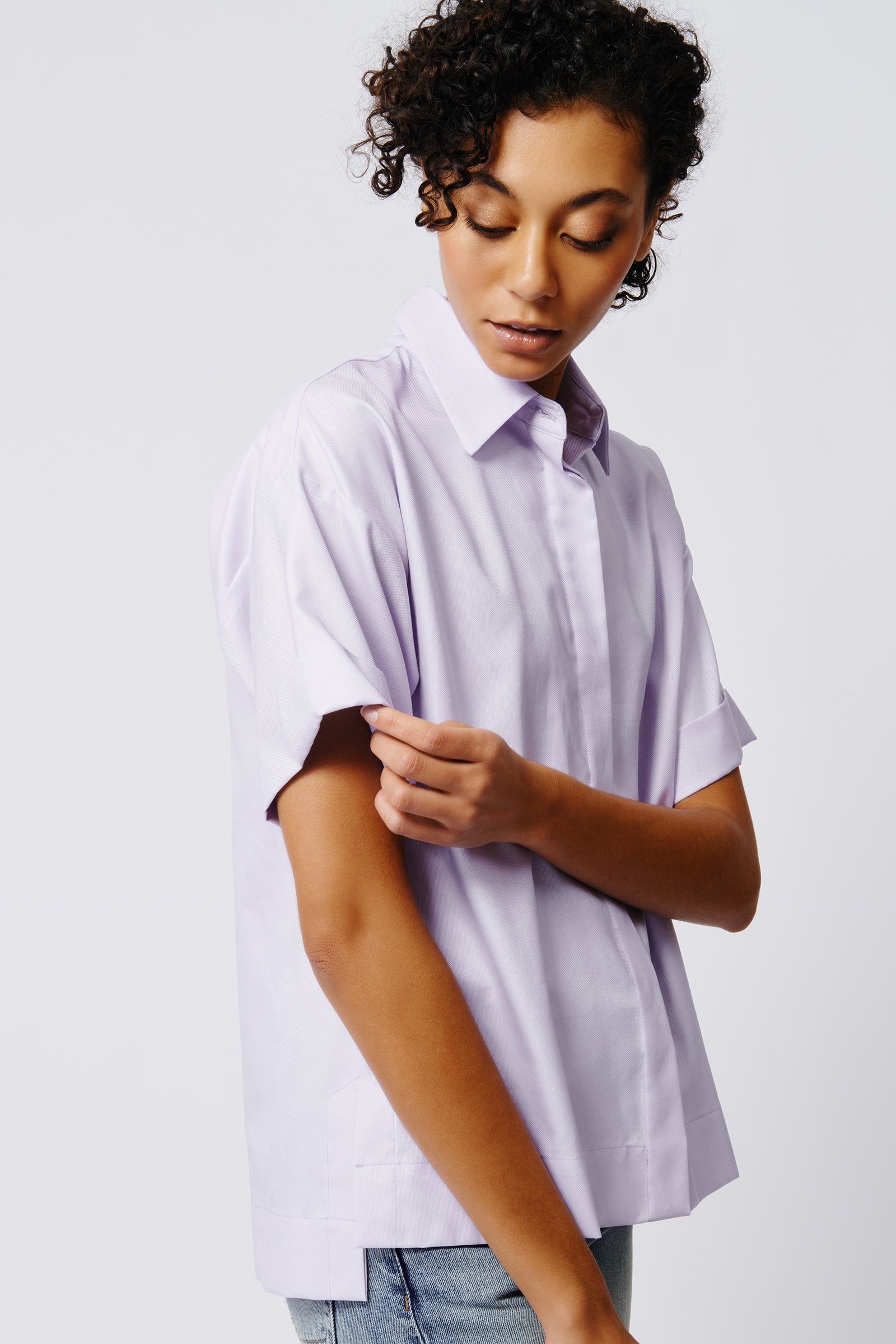 Kal Rieman Billie Cuffed Short Sleeve Shirt in Lavender on Model Side View Crop