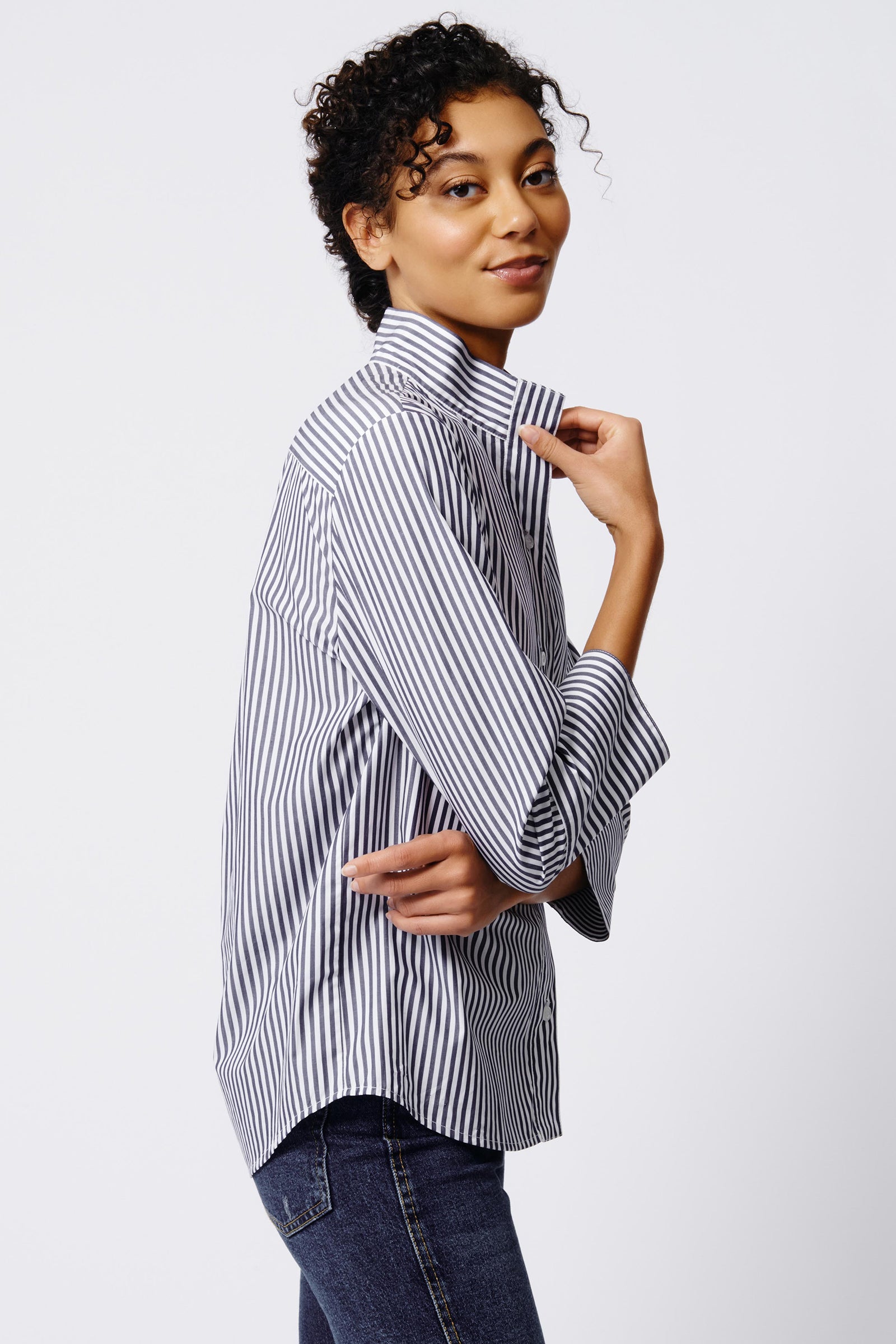 Kal Rieman Greta Placket Front Shirt in Indigo Stripe on Model Side View Crop