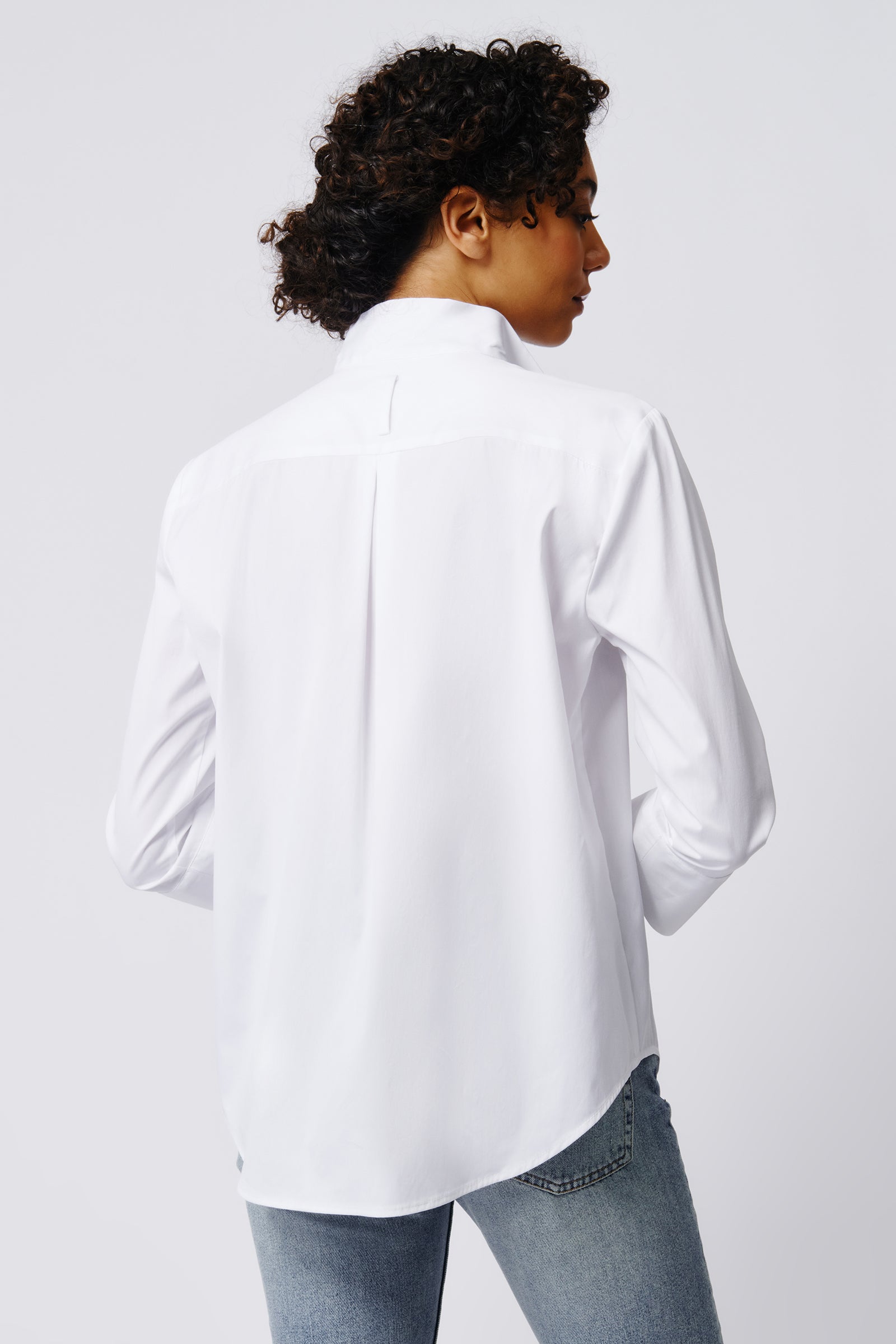 Kal Rieman Greta Placket Front Shirt in White Poplin on Model Side View Closeup