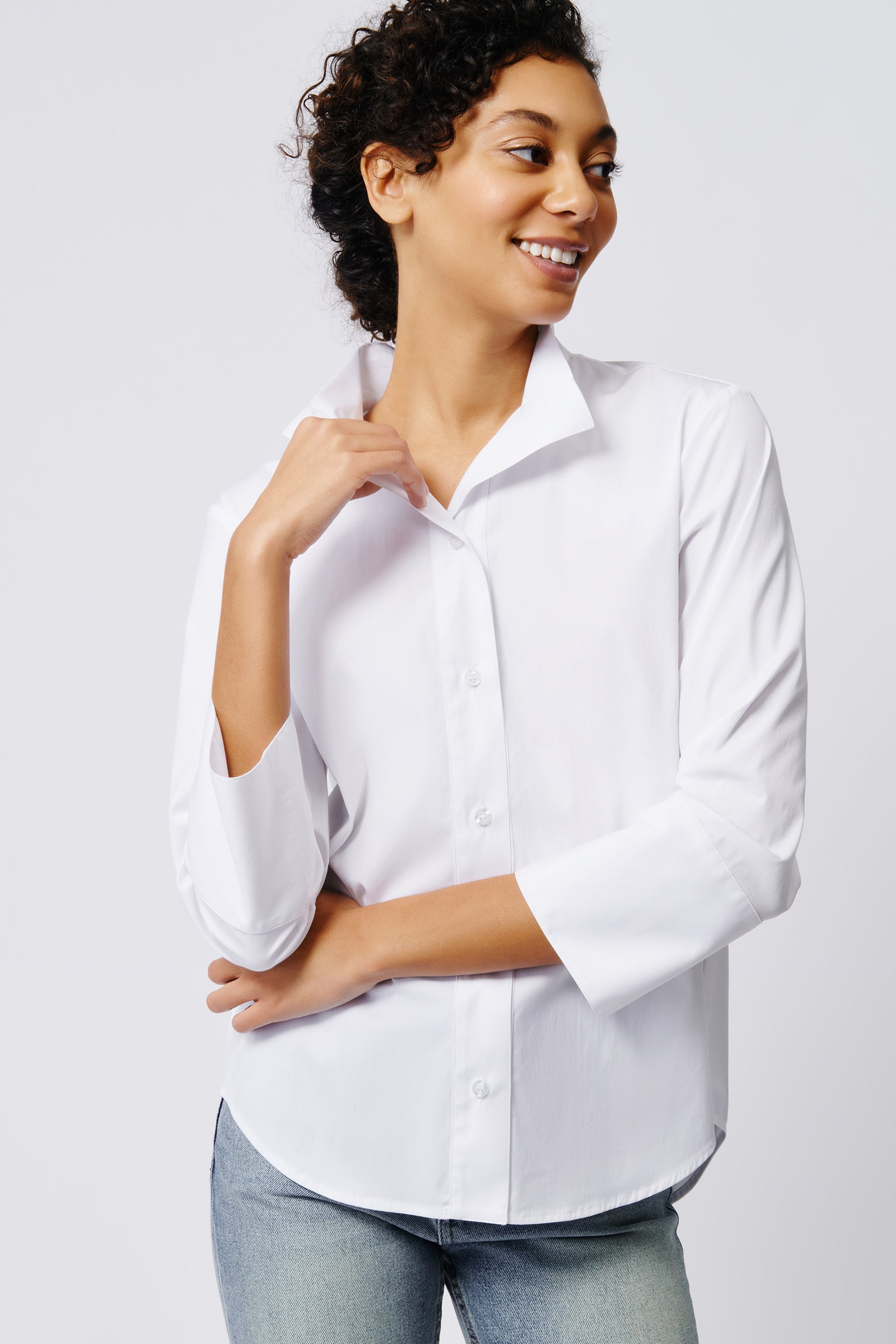 Kal Rieman Greta Placket Front Shirt in White Poplin on Model Front View Crop