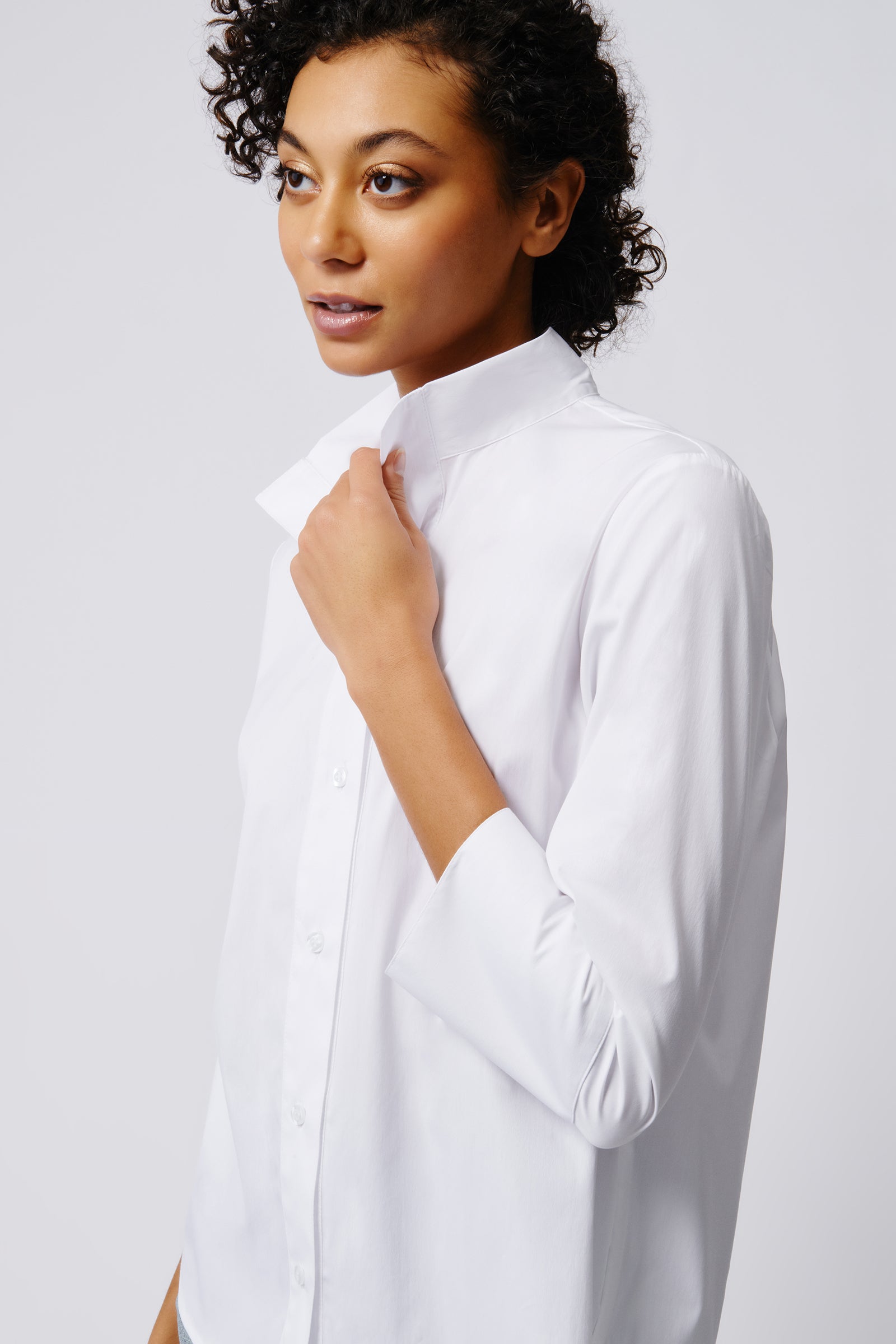 Kal Rieman Greta Placket Front Shirt in White Poplin on Model Side View Closeup