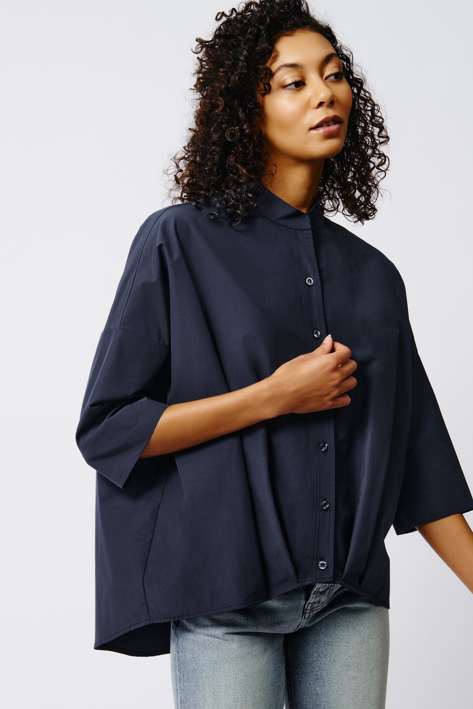 Pleat Hem Kimono in Navy Broadcloth Made in Italian Cotton Nylon – KAL ...