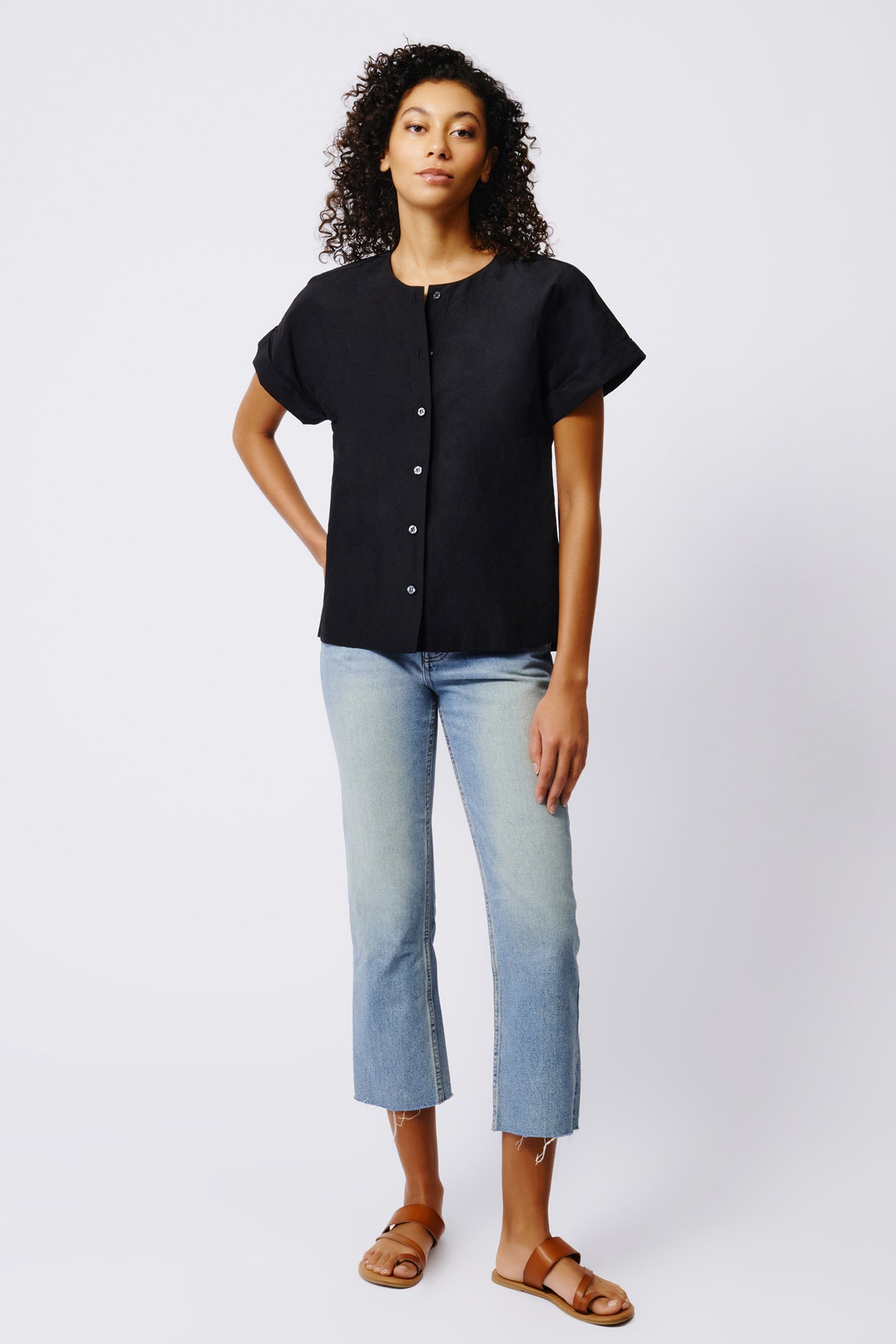 Kal Rieman Natalie Short Sleeve Placket Shirt in Black on Model Full Front View