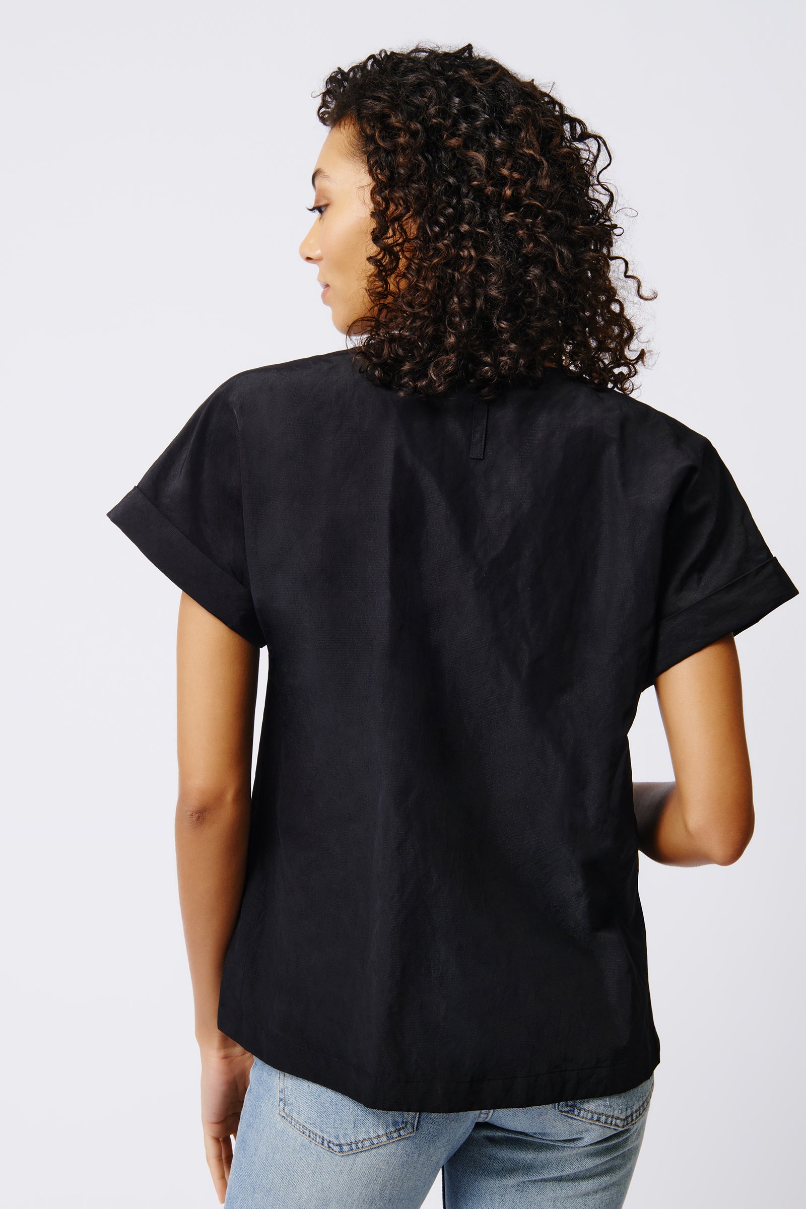 Kal Rieman Natalie Short Sleeve Placket Shirt in Black on Model Back View Crop