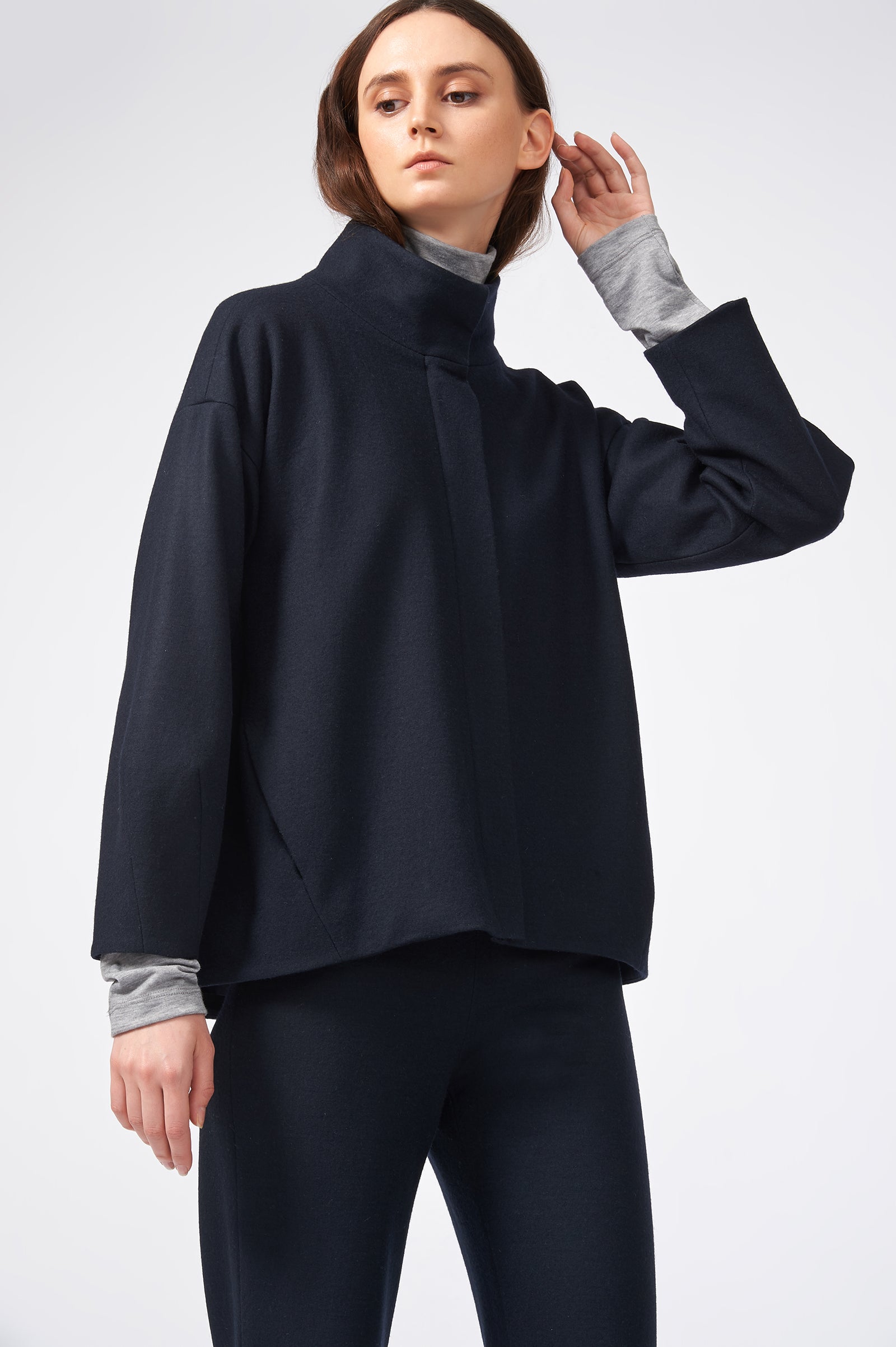 Kal Rieman Angle Cuff Jacket in Midnight on Model Front Side View