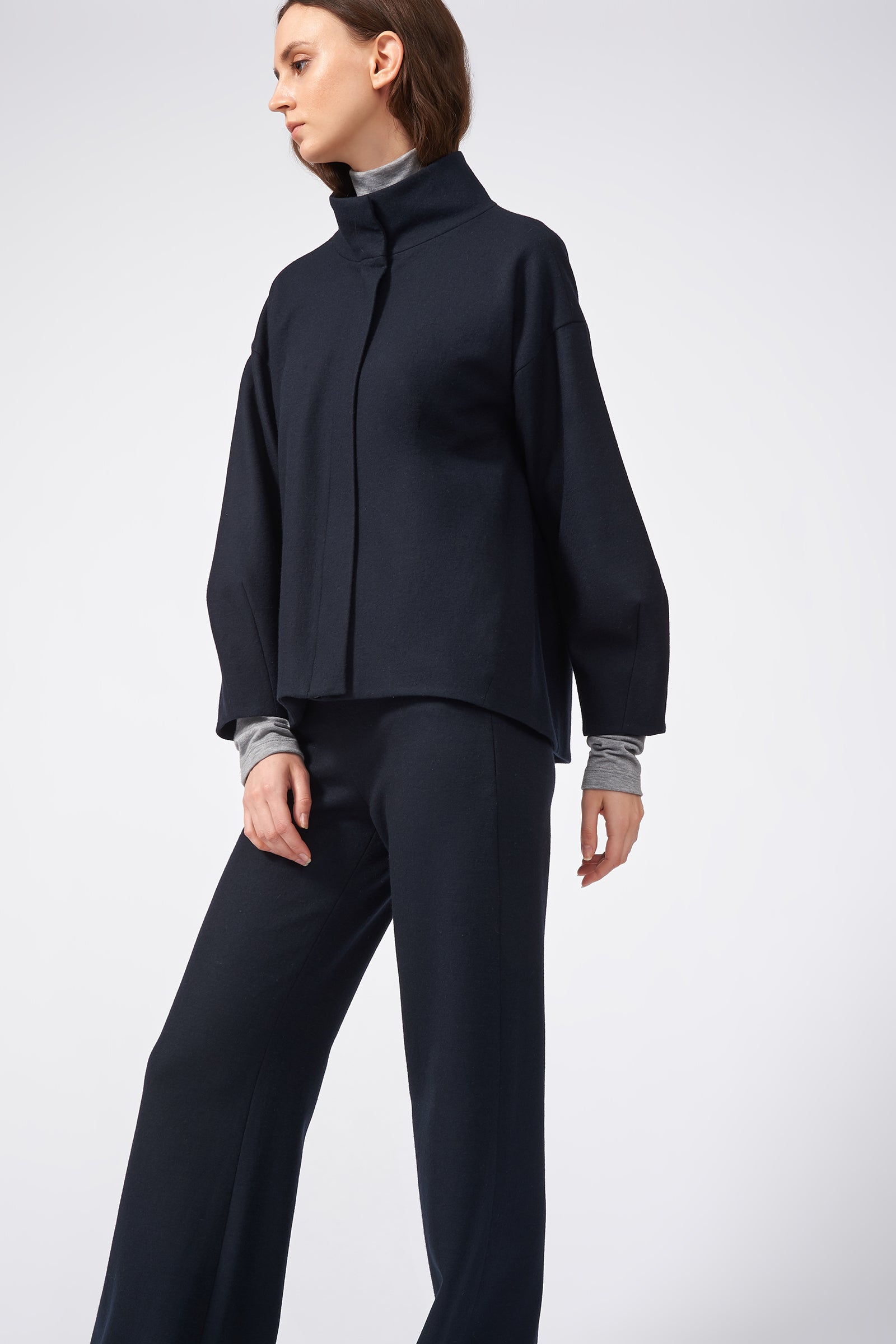 Kal Rieman Angle Cuff Jacket in Midnight on Model Full Front Side View