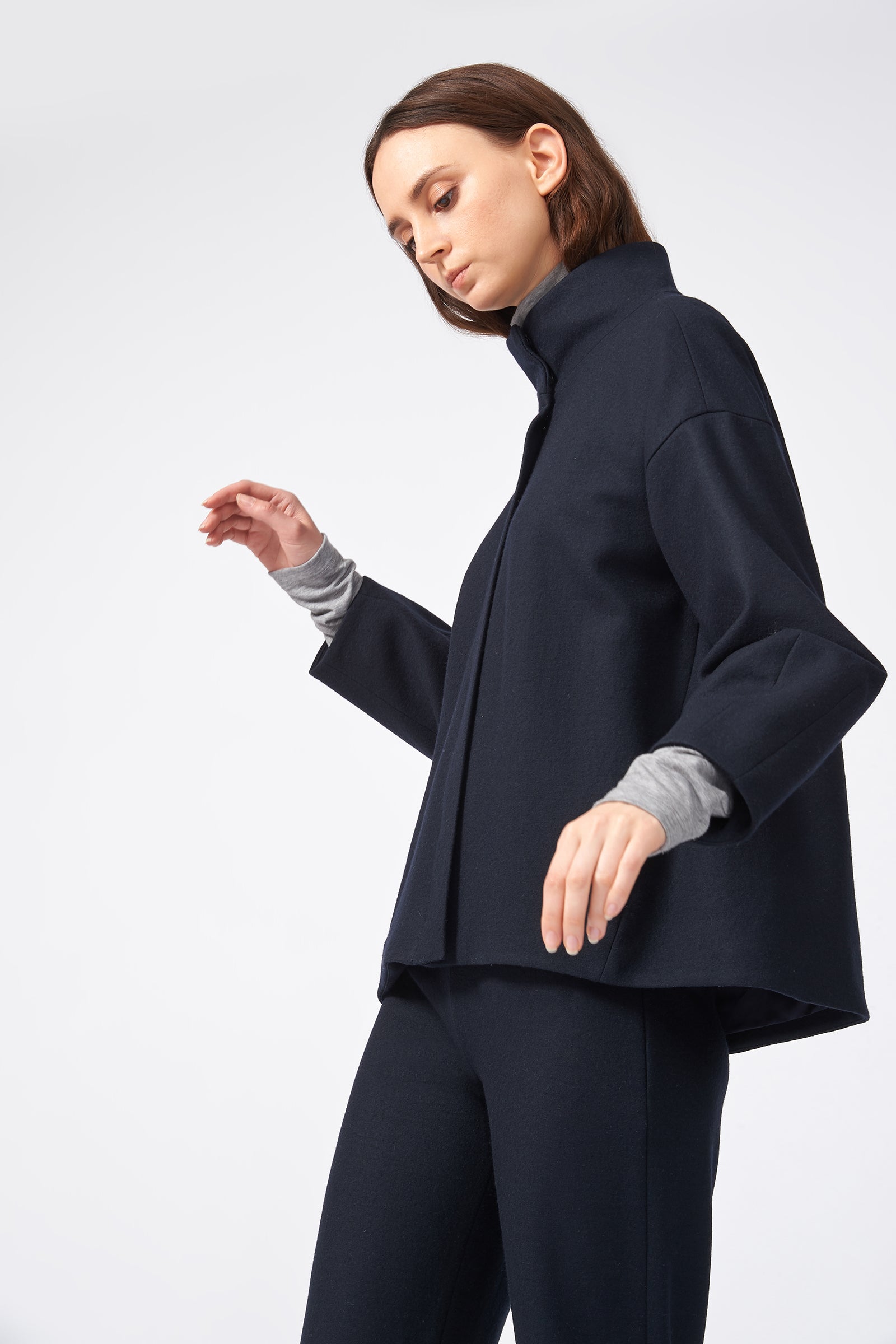 Kal Rieman Angle Cuff Jacket in Midnight on Model Side View