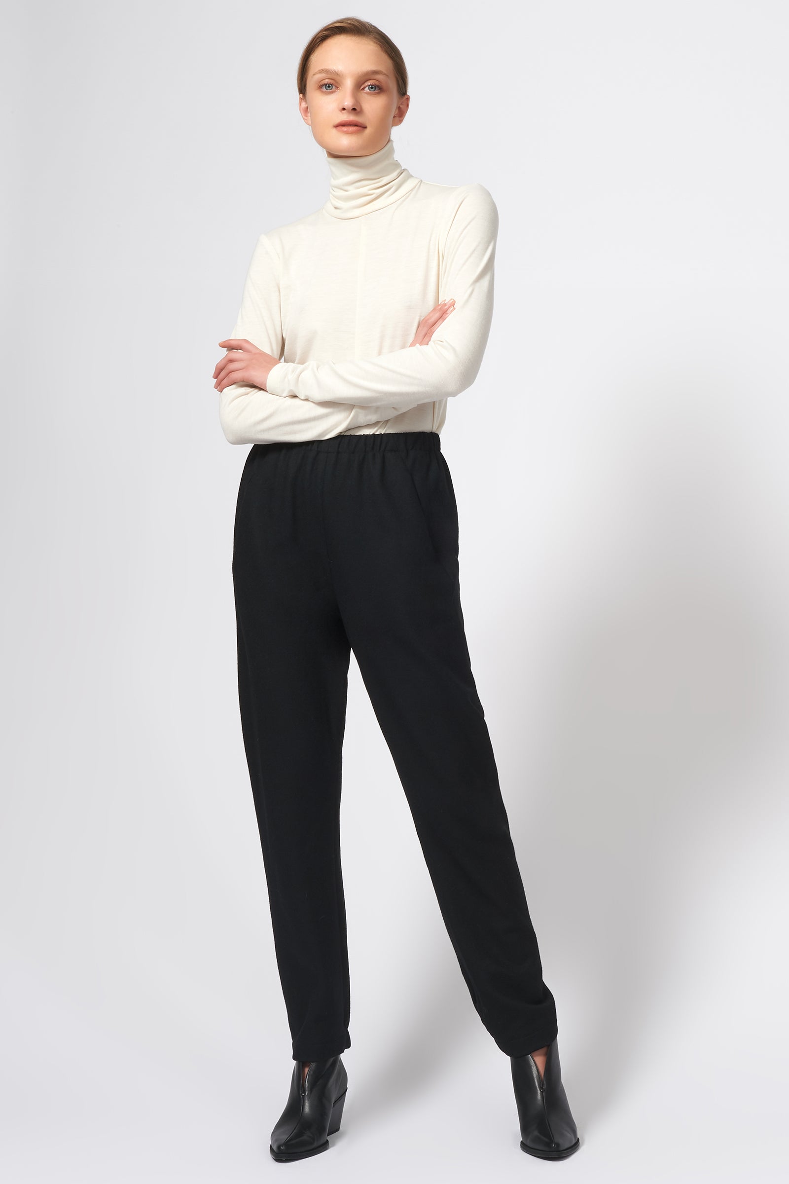 Kal Rieman Felted Jersey Angle Seam Jogger in Black on Model Full Front View