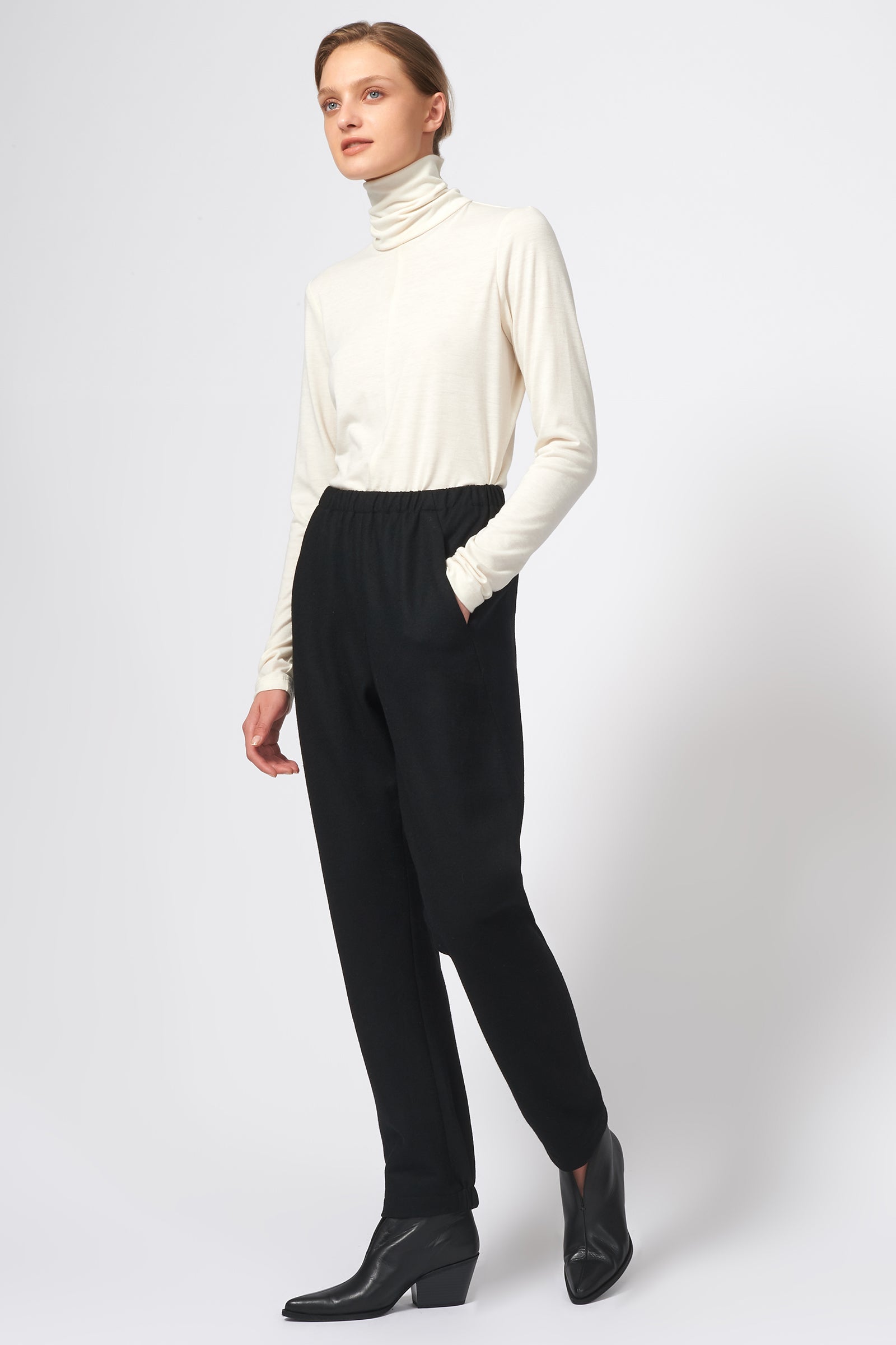 Felted Jersey Wide Leg Pant in Black Made in 100% Japanese Wool