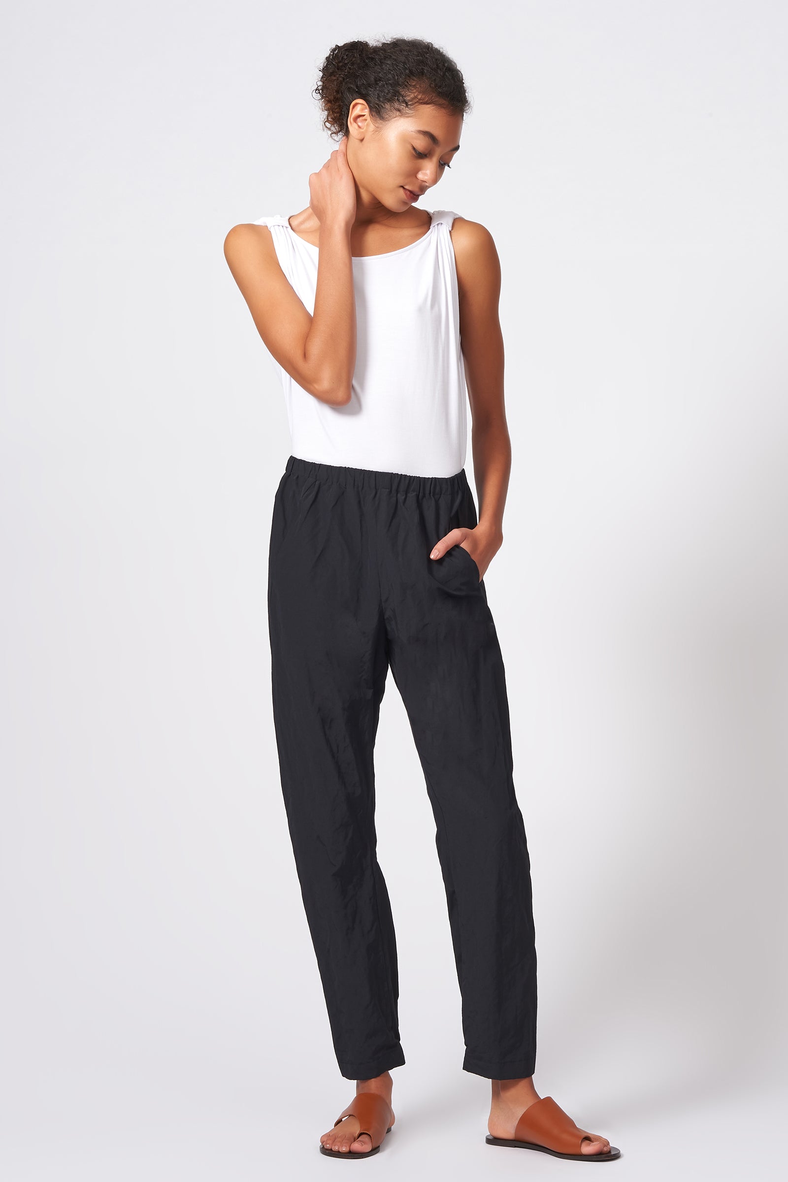 Kal Rieman Angle Seam Jogger in Black Cotton Nylon on Model Front Side Full View