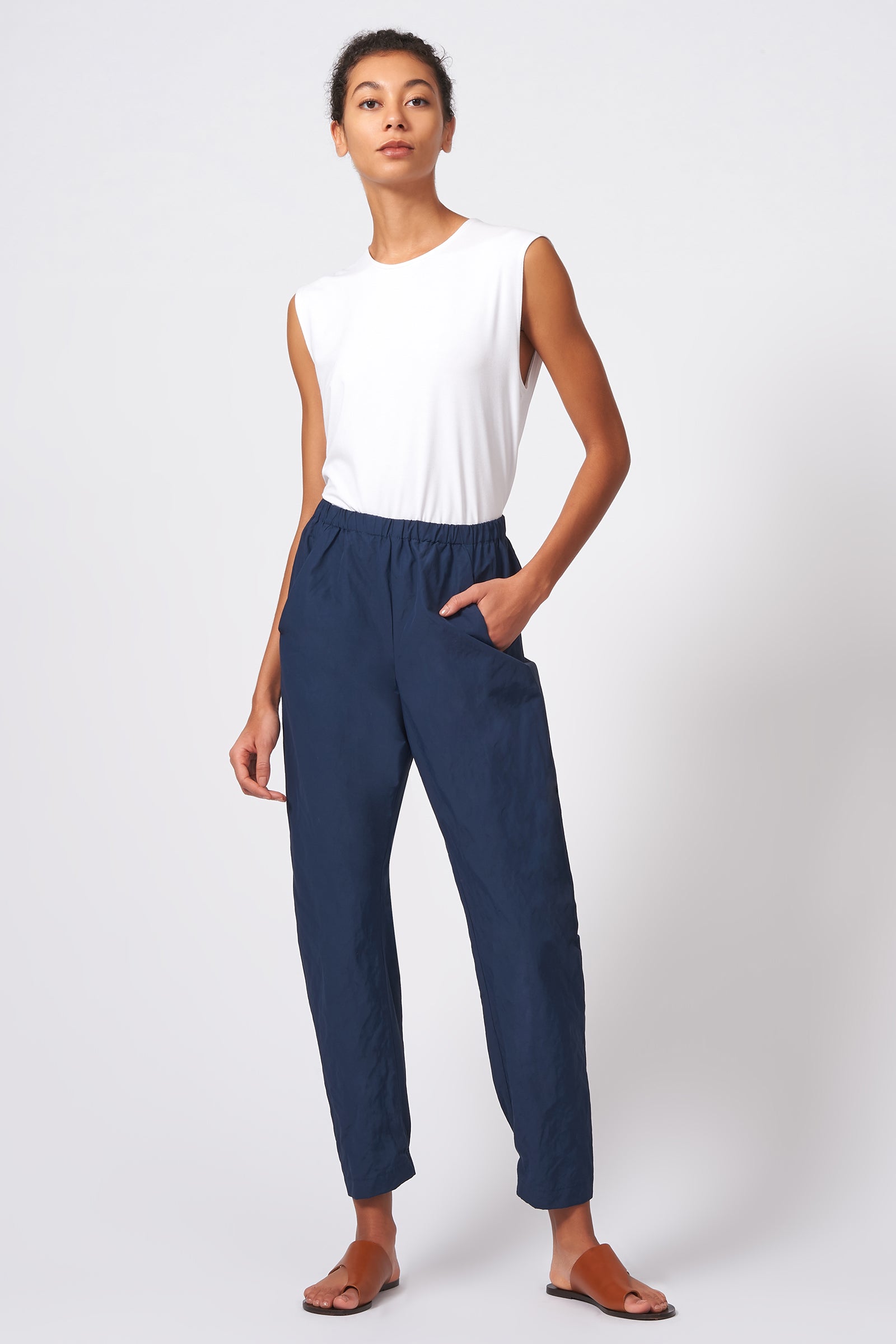 Kal Rieman Angle Seam Jogger in Navy Cotton Nylon on Model Full Front View