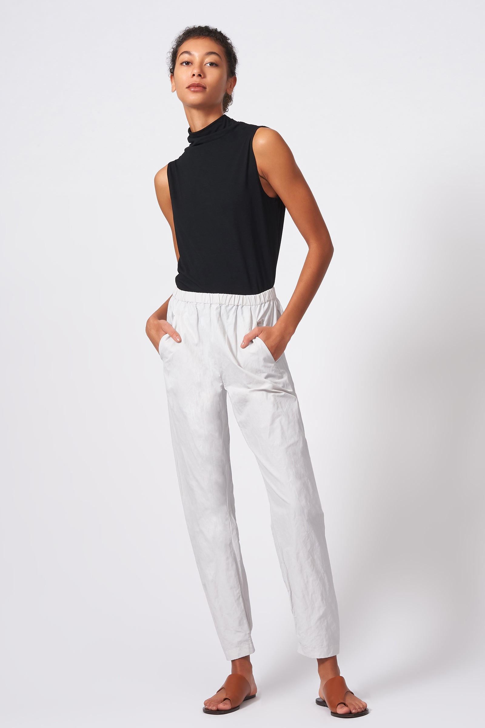 Kal Rieman Angle Seam Jogger in Stone Cotton Nylon on Model Front Full View