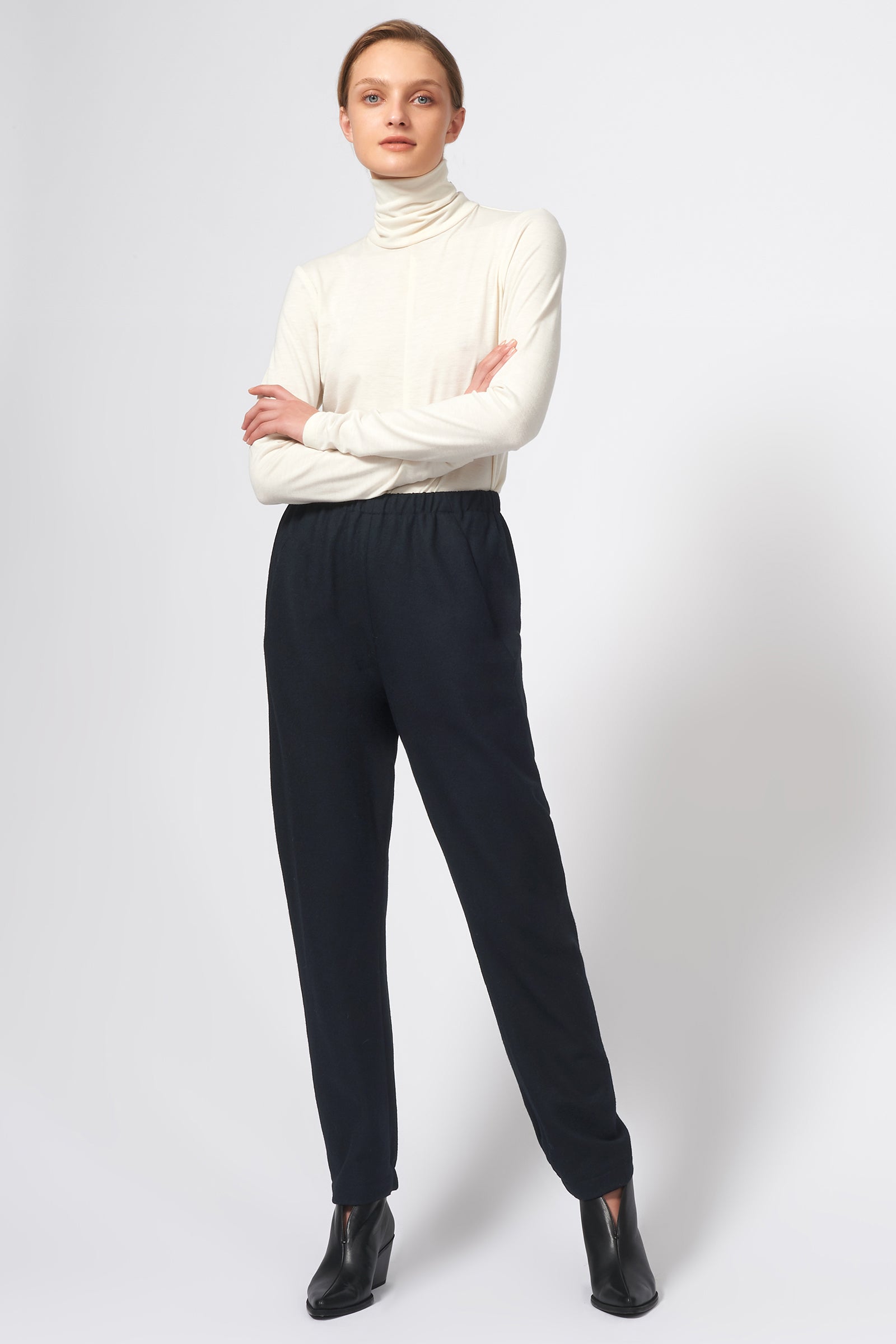 Kal Rieman Felted Jersey Angle Seam Jogger in Midnight on Model Full Front View