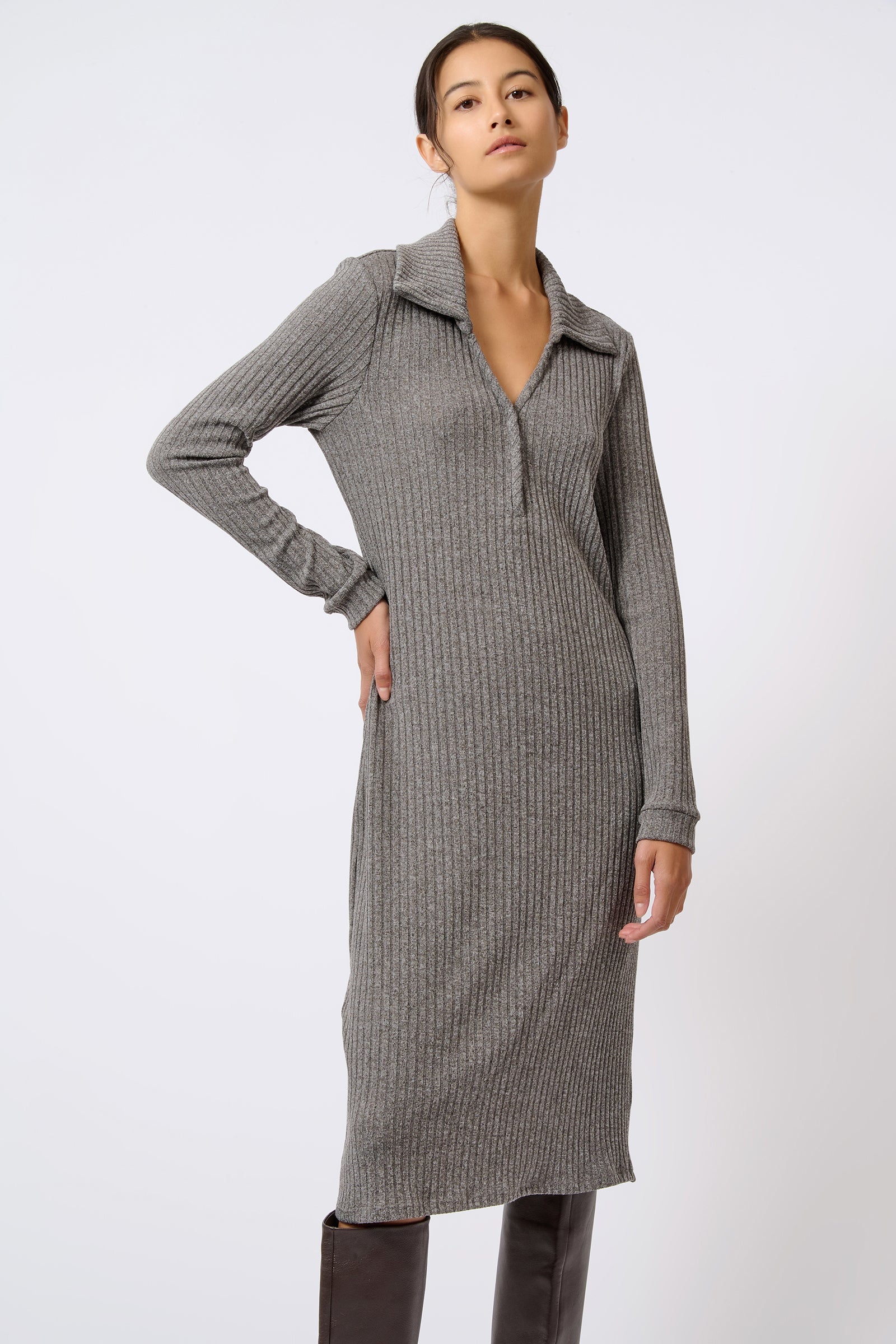 Kal Rieman Audrey Collared Rib Dress in Charcoal on Model with Hand on Hip Full Front View