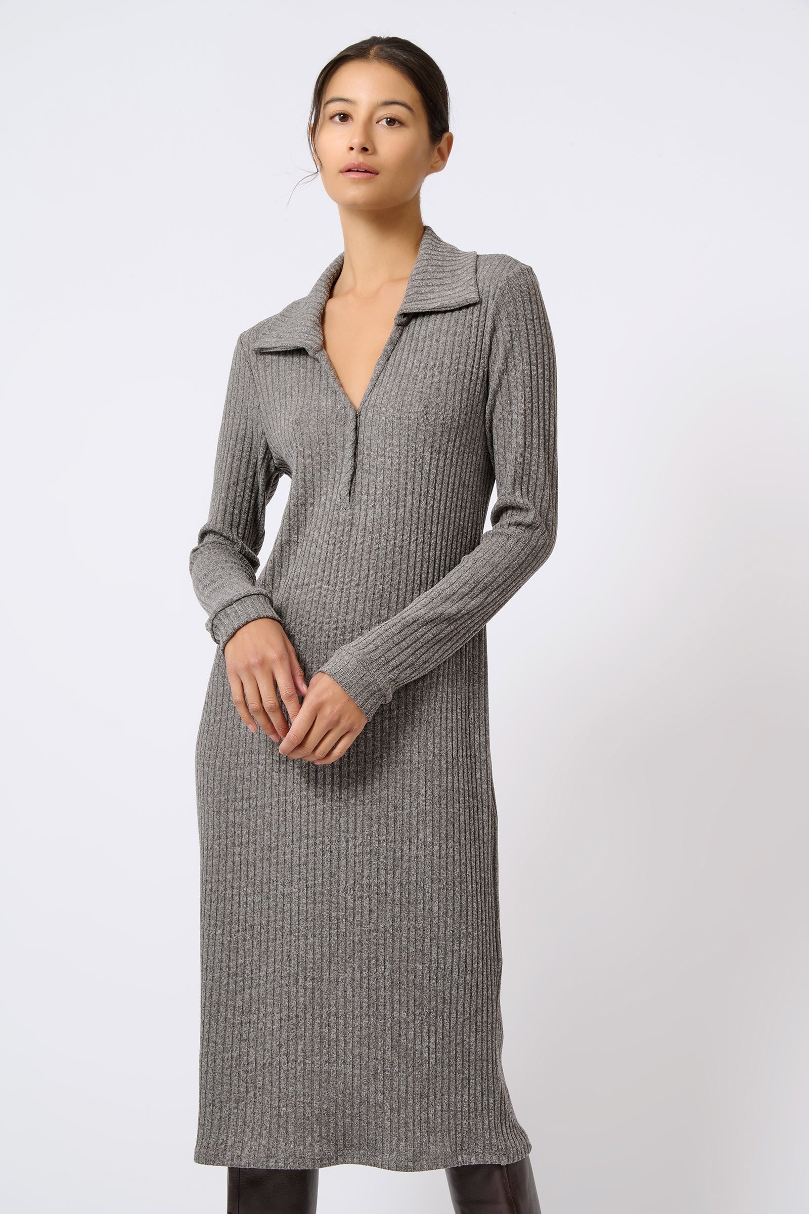Kal Rieman Audrey Collared Rib Dress in Charcoal on Model with Hands in Front Full Front View