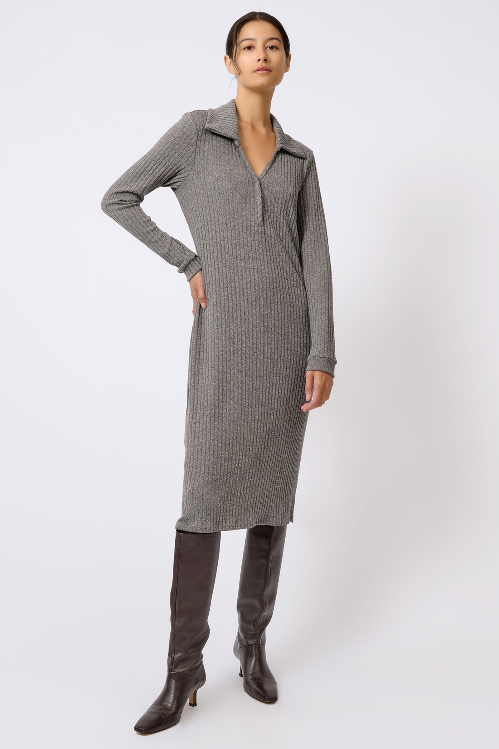 Kal Rieman Audrey Collared Rib Dress in Charcoal on Model with Hand on Hip Full Front View