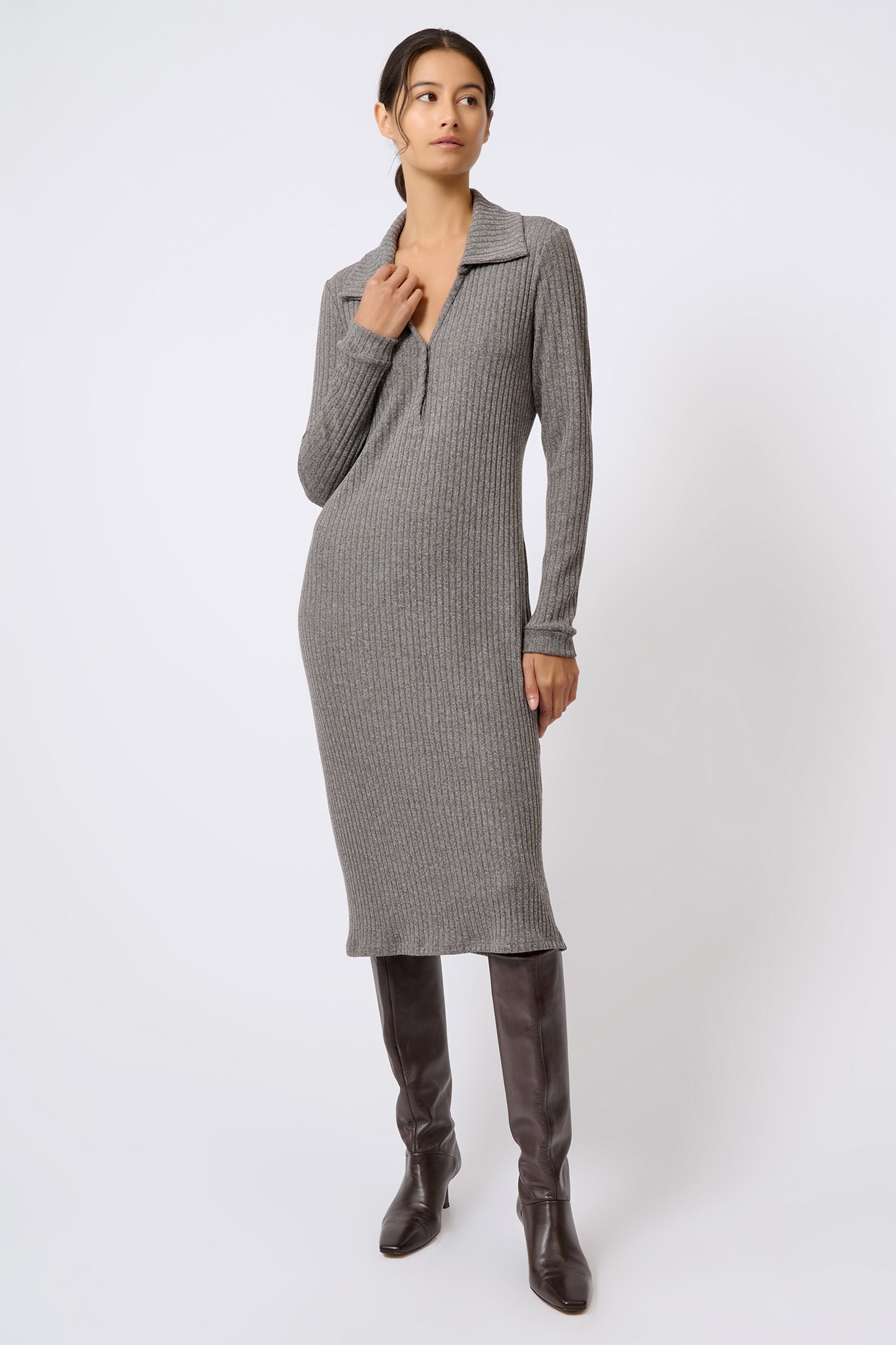 Kal Rieman Audrey Collared Rib Dress in Charcoal on Model with Hand on Collar Full Front View