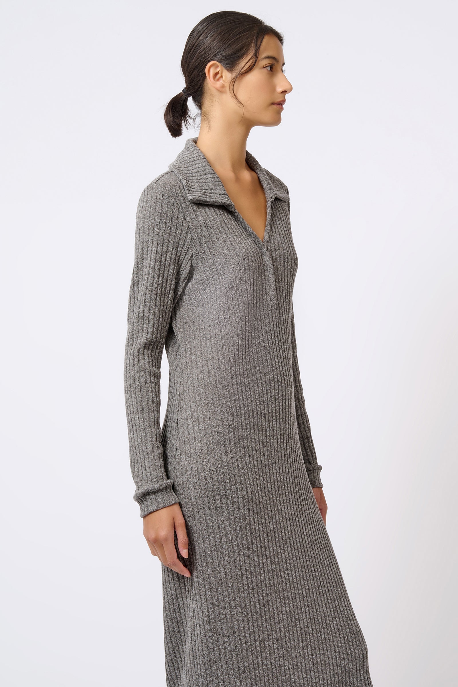 Kal Rieman Audrey Collared Rib Dress in Charcoal on Model Side View